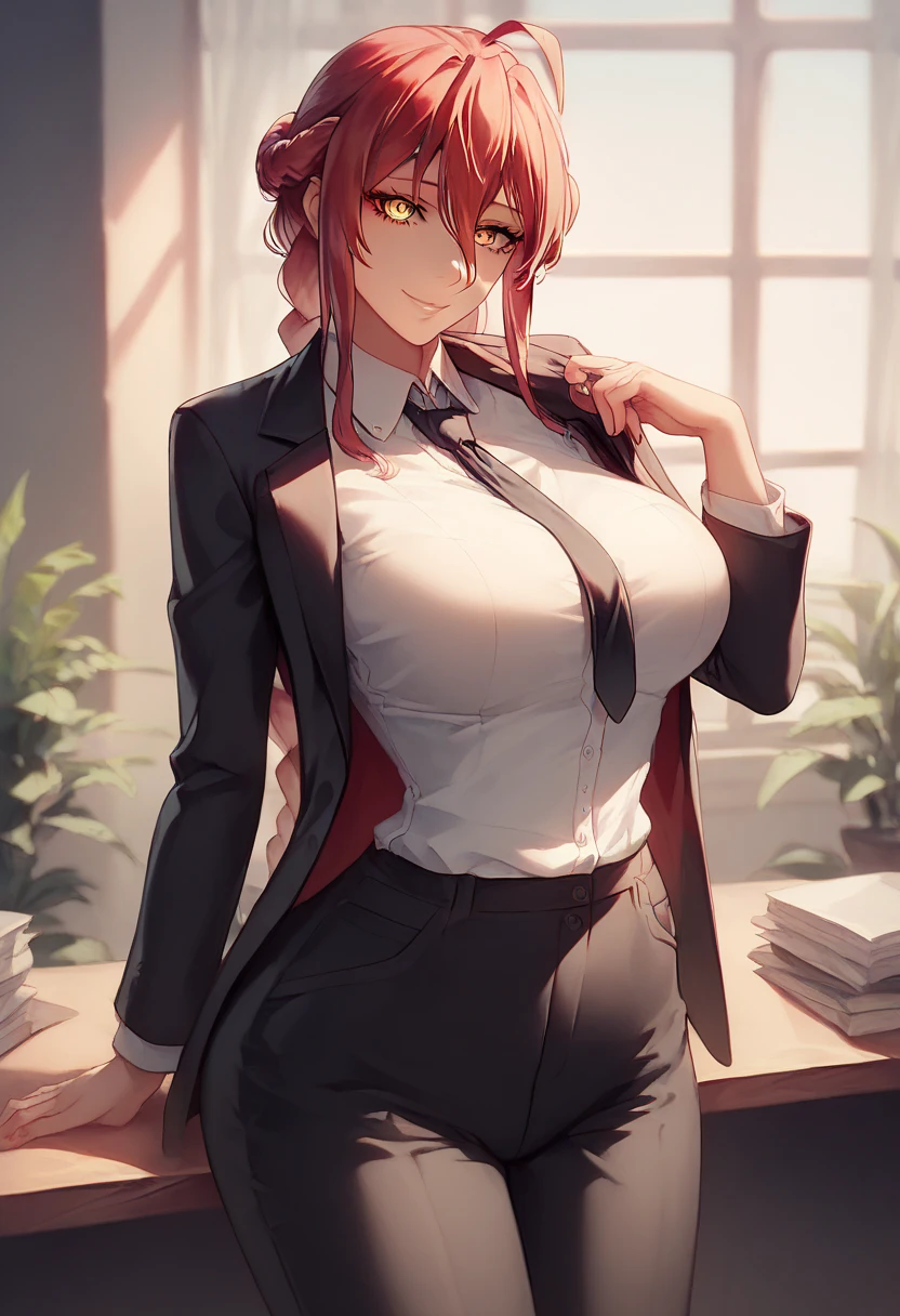 makima, makima, long hair, smile, bangs, small breasts, braid, red hair, braided ponytail, ringed eyes, BREAK shirt, long sleeves, jacket, white shirt, necktie, collared shirt, pants, black jacket, black pants, formal, suit, black necktie, shirt tucked in, office lady, BREAK indoors, office, BREAK looking at viewer, BREAK (masterpiece:1.2), best quality, high resolution, unity 8k wallpaper, (illustration:0.8), (beautiful detailed eyes:1.6), extremely detailed face, perfect lighting, extremely detailed CG, (perfect hands, perfect anatomy), (hyperbreasts, hyperass:1.1), fused with albedo