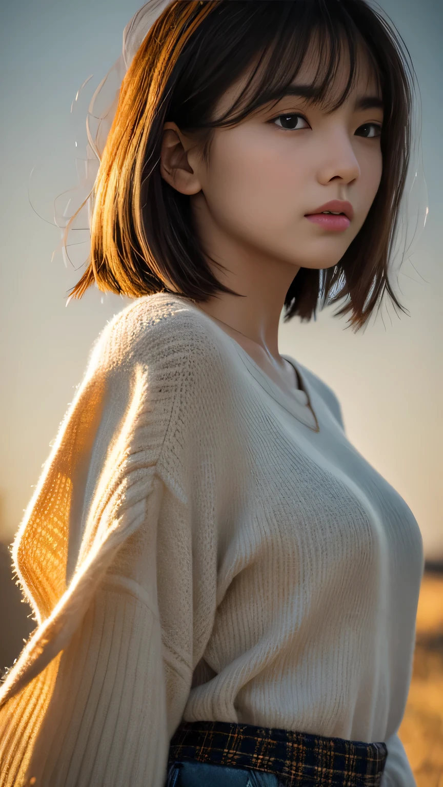 1 girl, short hair, Full Body Shot, Brown eyes, Absurd、melancholy,tears、sorrow、Depressed 、 profile、((High resolution, Super sharp, 8k, masterpiece)), Pure Erotic Face Ace_v1 , ((High resolutionolution)), The finer details, Face line, (Realistic, Realistic: 1.37), Professional Lighting, Photon Mapping, Radio City, Physically Based Rendering, Rich details, (Beautiful Face),(Beautiful Eyes), (Clear Face), (Detailed face description), (Detailed hand description), Extreme light and shadow, Glowing Skin、cool、Diagonal bangs for points、Less exposure、melancholy、dusk、Autumn clothes、Beautiful sunrise、Showing from the waist up