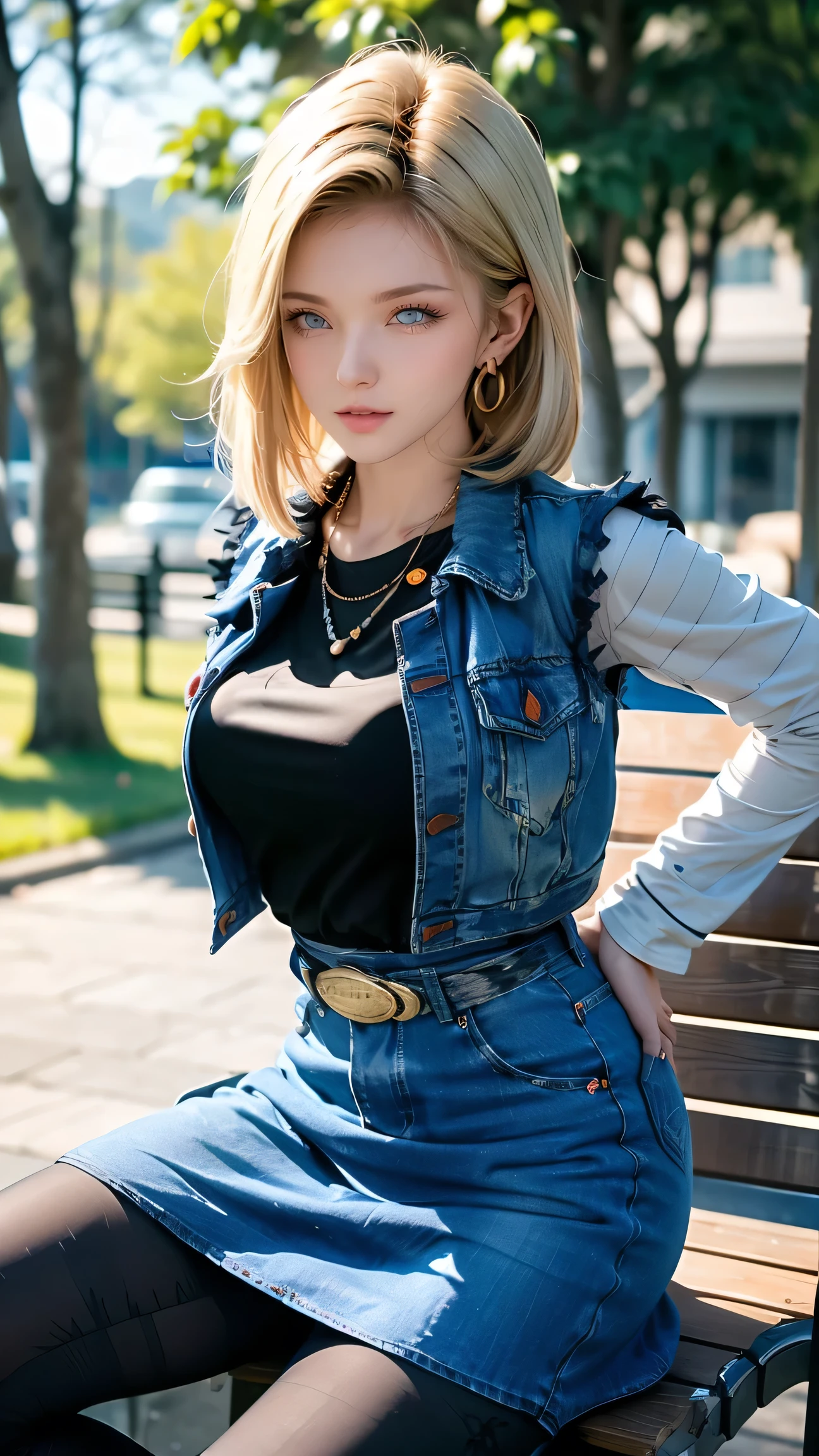 Android 18, Light Blonde hair, Medium hair shaggy cut for women, Blue Transparent eyes of Slavic Caucasians, She has sexy double eyelids above and below her eyes, The flash in the eyeballs is brilliant, She is not wearing any jewelry such as a necklace around her neck, open-chested Black -shirt, Not wearing a bra, She only Wears round earrings, Tight Long sleeves with black stripes on a white background, Blue denim mini vest, Blue denim mini skirt, The denim mini skirt and denim mini vest set in the same blue color, The mini denim vest does not have a zipper, but the mini denim skirt does, and the denim vest has five silver buttons to fasten the garment, The denim skirt's zipper seam line and stitching run vertically straight to the bottom of the skirt, and the denim vest has no zipper, so it's clean, Open-chested denim vest, Large breasts, Women's Western Cowboy Belt, Brown see-through pantyhose, Western short boots, Looking at viewer, On bench, She Her whole body is visible on the screen, She is lying on a bench in a seductively bent posture with her hips and waist draped over her back next to you viewer, Android 18 kisses the viewer with half-closed eyes on the bench, One eye is half-open, staring seductively at someone in front of you, and the other eye is completely closed, Her entire body is visible on the screen from viewer, She places her right hand on her big ass and supports her left-side breast with her left arm, She brings her whole body and face forward to you, She takes her tongue out of her mouth, and She tastes her lips for her tongue, Blue sky, outside, park, grass, Summer, trees, blue sky, high quality, masterpiece,
