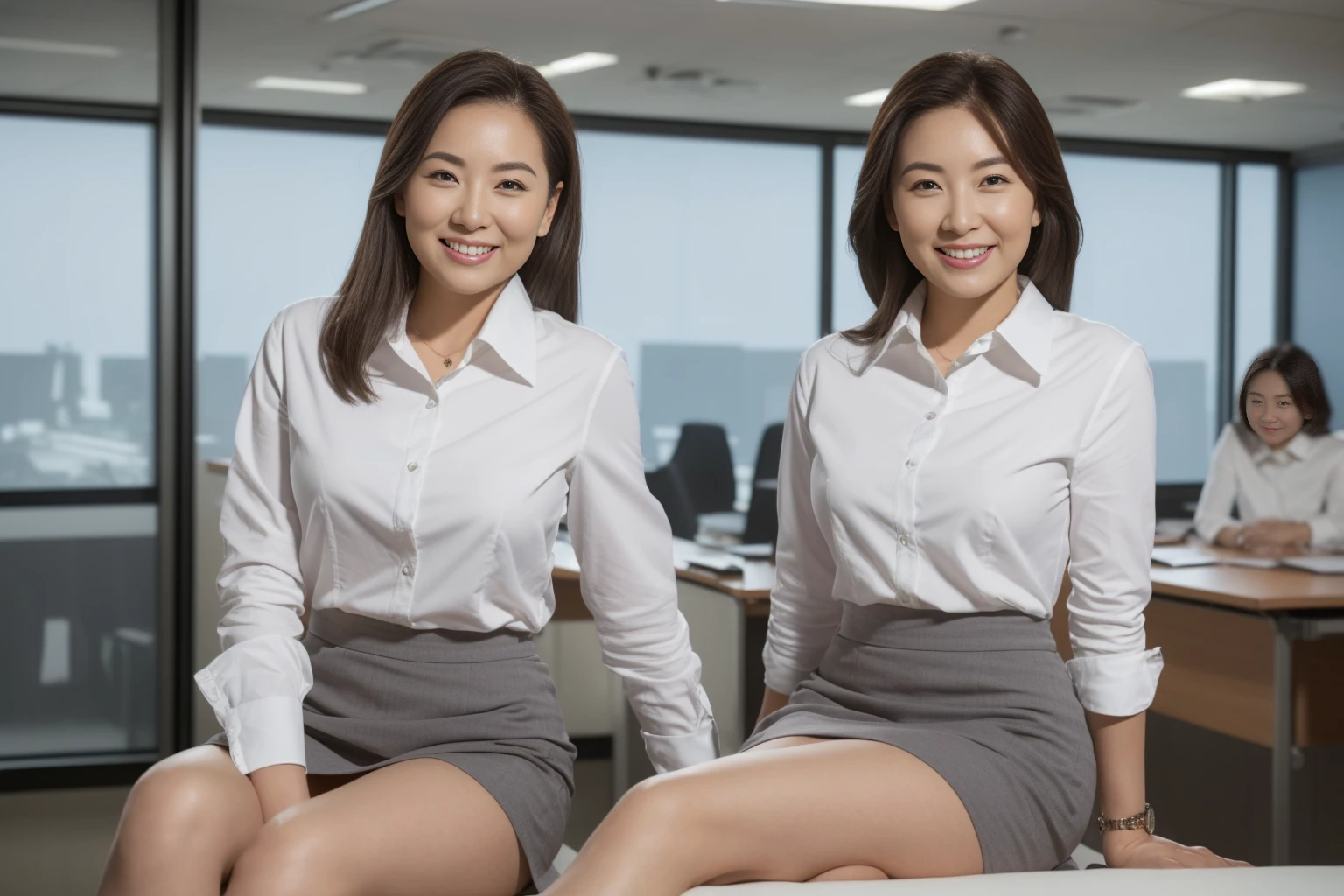 (( best quality, 8k, Masterpiecedetails,  ultra high resolution)), ( staring at the viewer ), ( full shot :), Attractive Business One Mature Woman, 1 person, A little thick:0.25,  White Collared Shirt ,  gray skirt, ( sitting cross-legged at office desk)), smile, CEO Office , see-through 