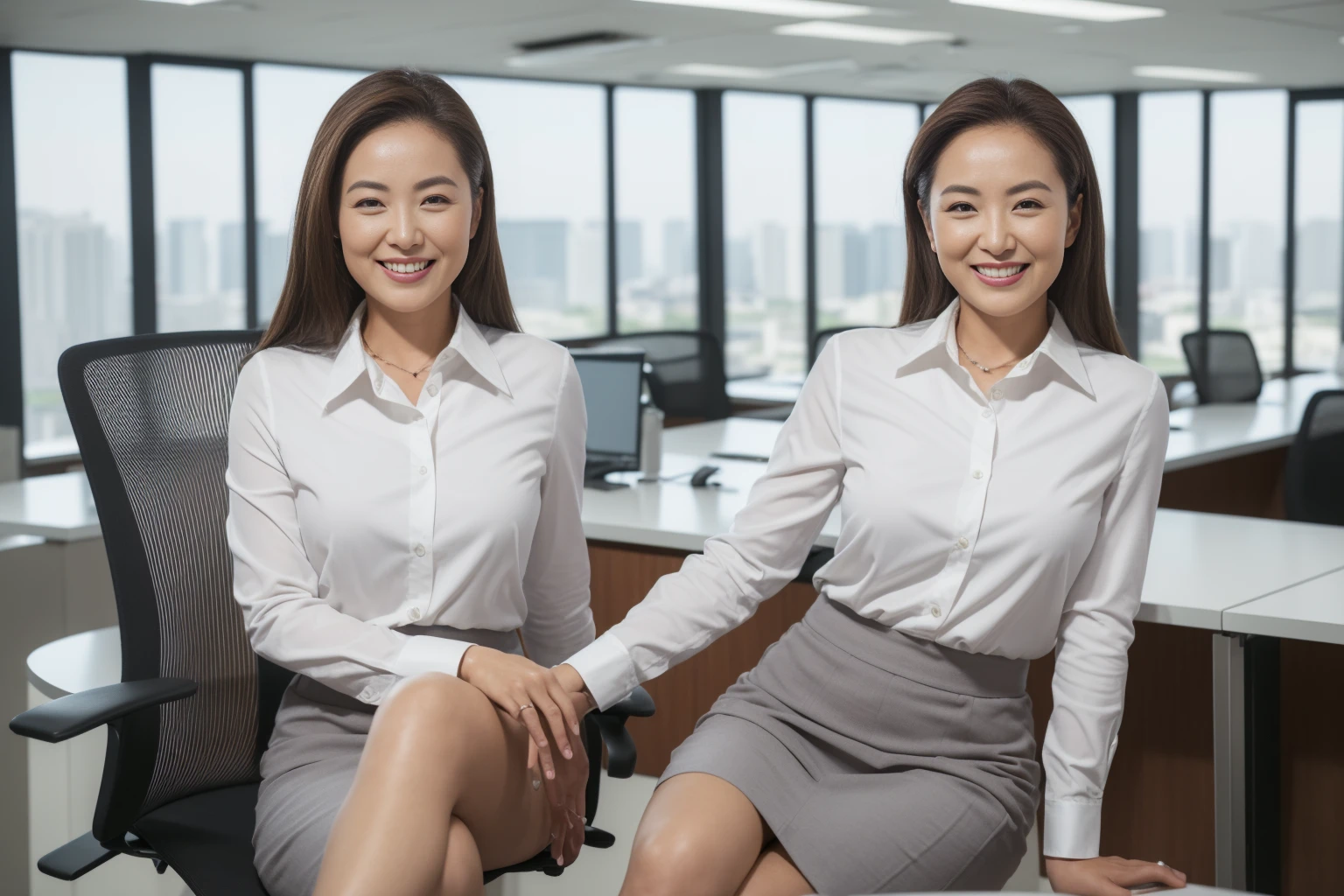 (( best quality, 8k, Masterpiecedetails,  ultra high resolution)), ( staring at the viewer ), ( full shot :), Attractive Business One Mature Woman, 1 person, A little thick:0.25,  White Collared Shirt ,  gray skirt, ( sitting cross-legged at office desk)), smile, CEO Office , see-through 