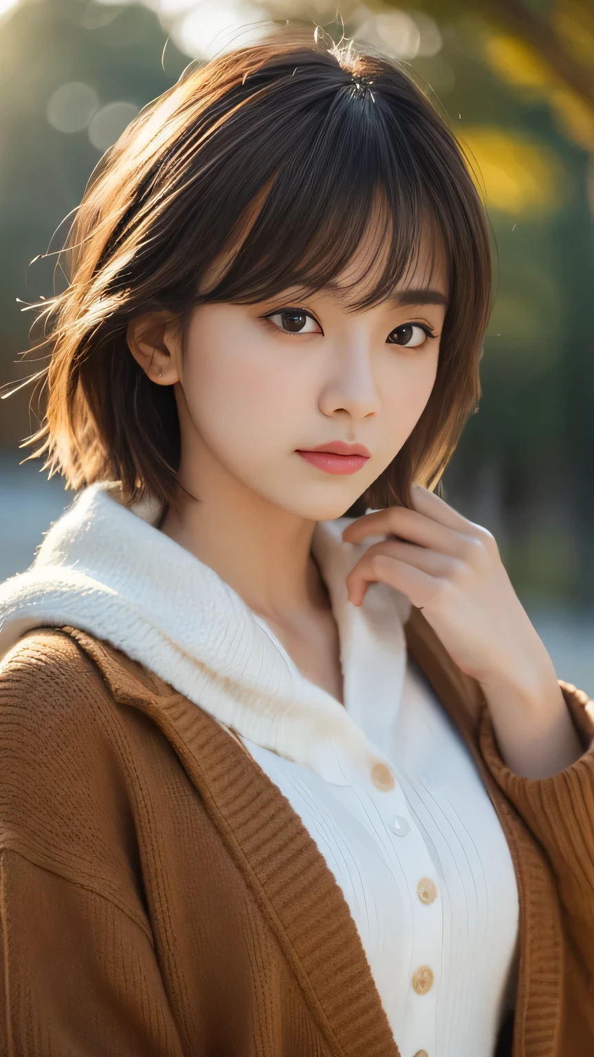 1 girl, short hair, Full Body Shot, Brown eyes, Absurd、melancholy,tears、sorrow、Depressed 、 profile、((High resolution, Super sharp, 8k, masterpiece)), Pure Erotic Face Ace_v1 , ((High resolutionolution)), The finer details, Face line, (Realistic, Realistic: 1.37), Professional Lighting, Photon Mapping, Radio City, Physically Based Rendering, Rich details, (Beautiful Face),(Beautiful Eyes), (Clear Face), (Detailed face description), (Detailed hand description), Extreme light and shadow, Glowing Skin、cool、Diagonal bangs for points、Less exposure、melancholy、dusk、Autumn clothes、Beautiful sunrise、Showing from the waist up