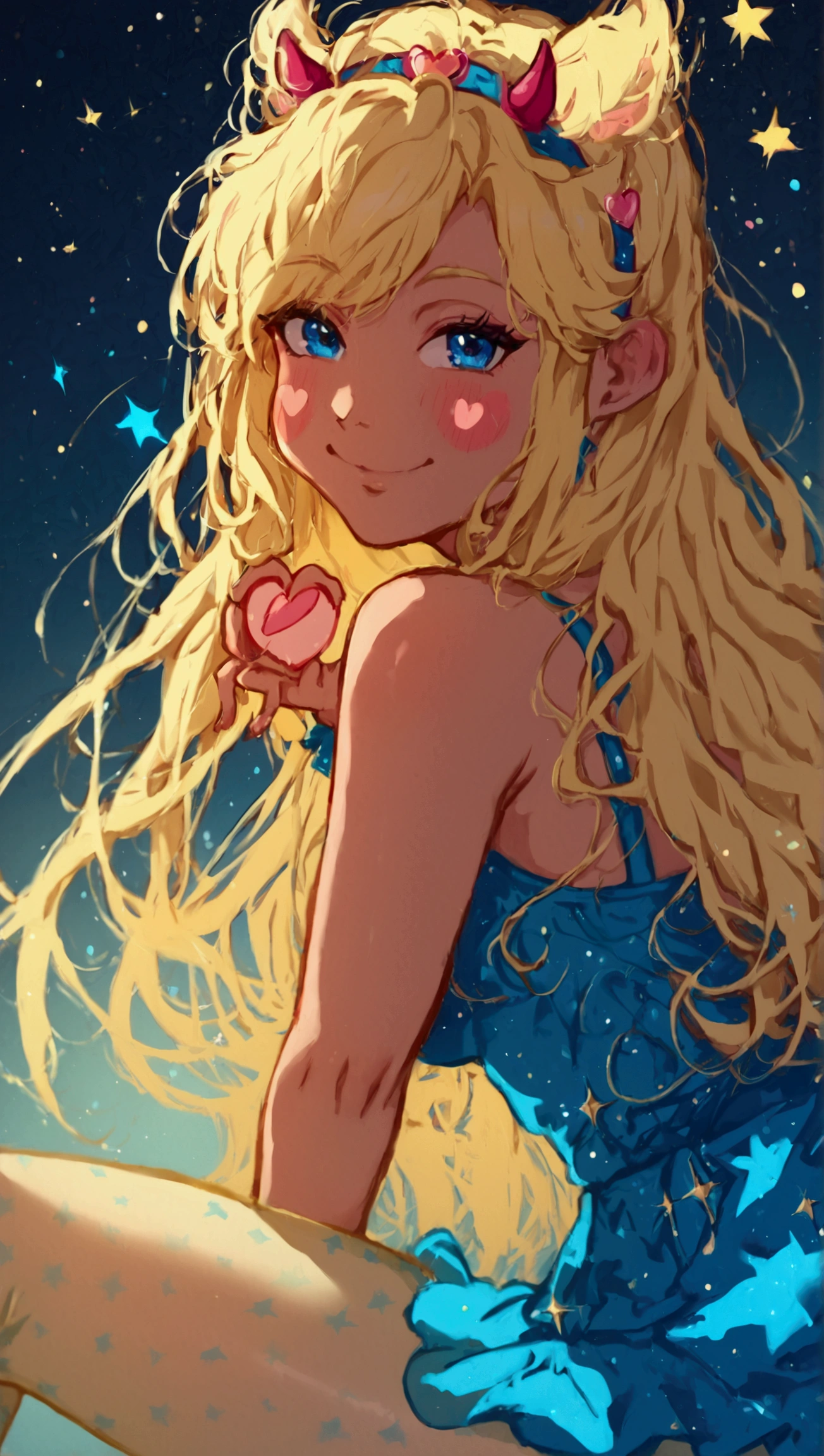 starbutterfly, 1girl, blonde hair, horned headwear, hairband, long hair, solo, blue eyes,  very long hair,teal short minidress,curvy legs in tan pantyhose, facial blush heart stickers,looking at viewer, smile, NSFW, RAW, full body shot, 