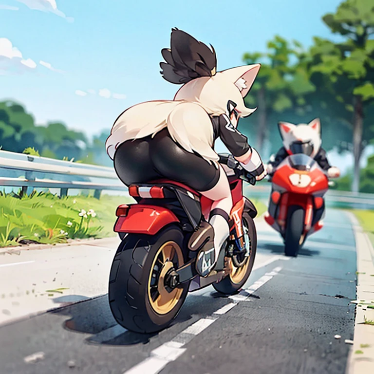 girl, furry, Fox tail, fluffy tail, naked, with skirt (No panties), driving a bike, naked, on the road, (back view), separated buttocks, visible anus, vagina visible