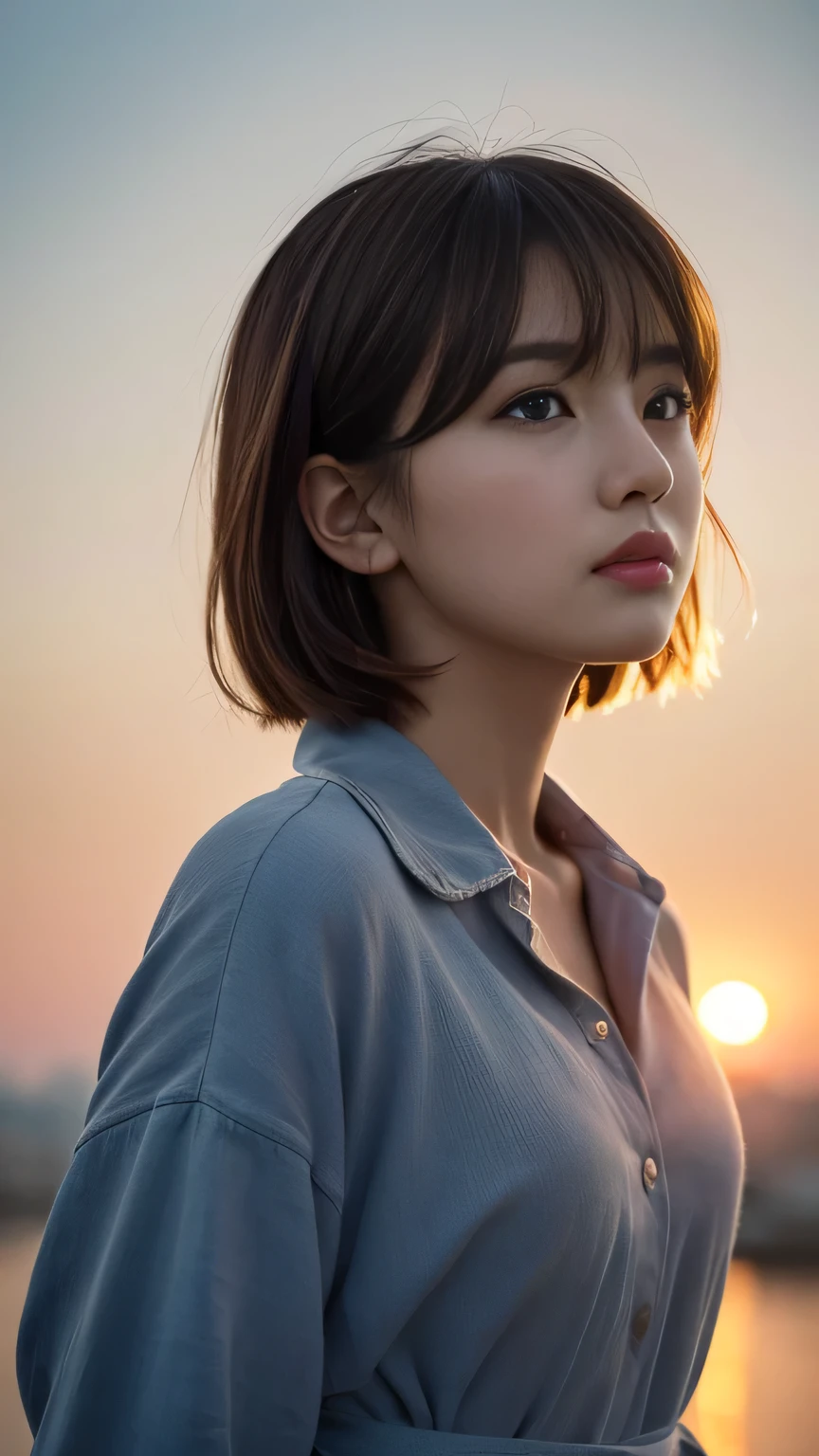 1 girl, short hair, Full Body Shot, Brown eyes, Absurd、melancholy,tears、sorrow、Depressed 、 profile、((High resolution, Super sharp, 8k, masterpiece)), Pure Erotic Face Ace_v1 , ((High resolutionolution)), The finer details, Face line, (Realistic, Realistic: 1.37), Professional Lighting, Photon Mapping, Radio City, Physically Based Rendering, Rich details, (Beautiful Face),(Beautiful Eyes), (Clear Face), (Detailed face description), (Detailed hand description), Extreme light and shadow, Glowing Skin、cool、Diagonal bangs for points、Less exposure、melancholy、dusk、Autumn clothes、Beautiful sunrise、Showing from the waist up