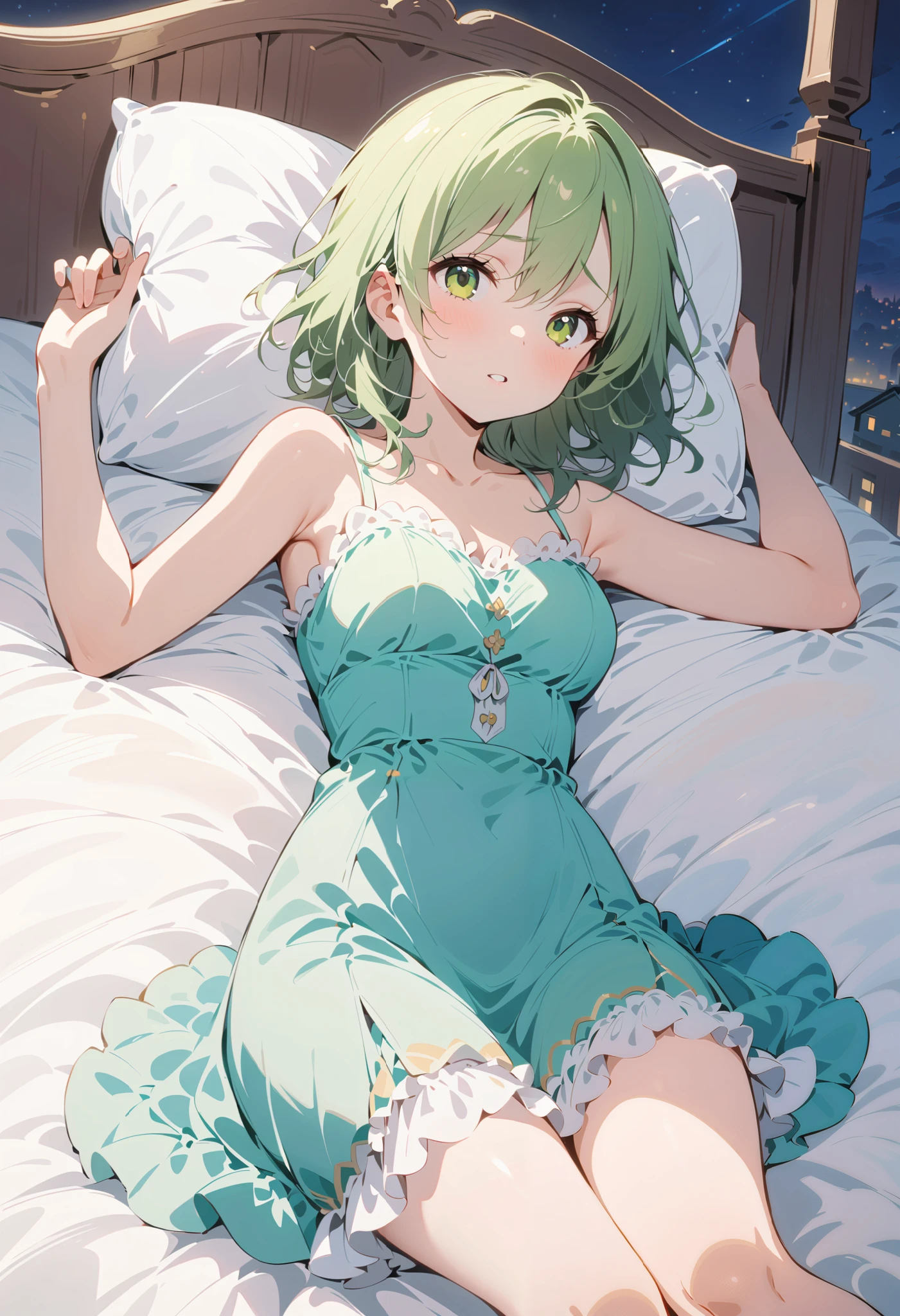 1 girl at home,Full body portrait, Green hair , green eyes, lying in bed ,night, Green Dress , show your legs , showing arms ,Snow white skin,shallots,Mature charm,Inability to relax ,Brows slightly furrowed,pathetic