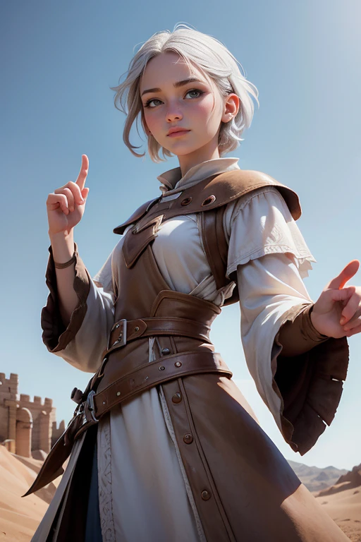 Young woman, campesina medieval "The Chronicles of Narnia",  gray and brown shreds,  blue eyes , short white hair, dynamic position,  raised hands sign,  safe expression, Iluminación natural,  plain white background , without patterns, No textures.