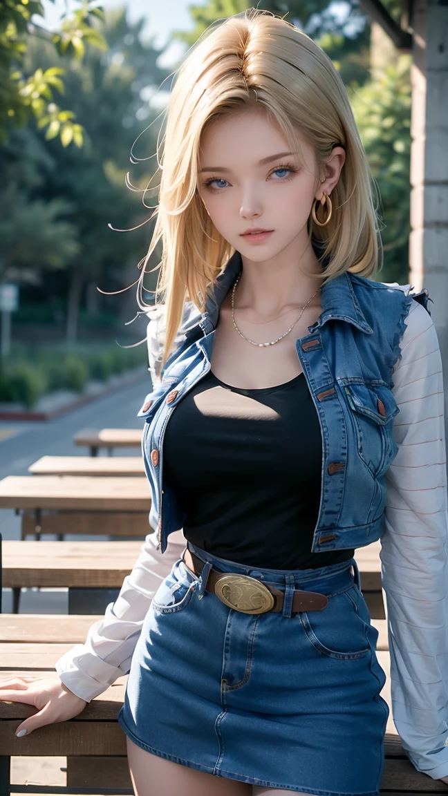 Android 18, Light Blonde hair, Medium hair shaggy cut for women, Blue Transparent eyes of Slavic Caucasians, She has sexy double eyelids above and below her eyes, The flash in the eyeballs is brilliant, She is not wearing any jewelry such as a necklace around her neck, open-chested Black -shirt, Not wearing a bra, She only Wears round earrings, Tight Long sleeves with black stripes on a white background, Blue denim mini vest, Blue denim mini skirt, The denim mini skirt and denim mini vest set in the same blue color, The mini denim vest does not have a zipper, but the mini denim skirt does, and the denim vest has five silver buttons to fasten the garment, The denim skirt's zipper seam line and stitching run vertically straight to the bottom of the skirt, and the denim vest has no zipper, so it's clean, Open-chested denim vest, Large breasts, Women's Western Cowboy Belt, Brown see-through pantyhose, Western short boots, Looking at viewer, On bench, She Her whole body is visible on the screen, She is lying on a bench in a seductively bent posture with her hips and waist draped over her back next to you viewer, Android 18 kisses the viewer with half-closed eyes on the bench, One eye is half-open, staring seductively at someone in front of you, and the other eye is completely closed, Her entire body is visible on the screen from viewer, She places her right hand on her big ass and supports her left-side breast with her left arm, She brings her whole body and face forward to you, She takes her tongue out of her mouth, and She tastes her lips for her tongue, Blue sky, outside, park, grass, Summer, trees, blue sky, high quality, masterpiece,