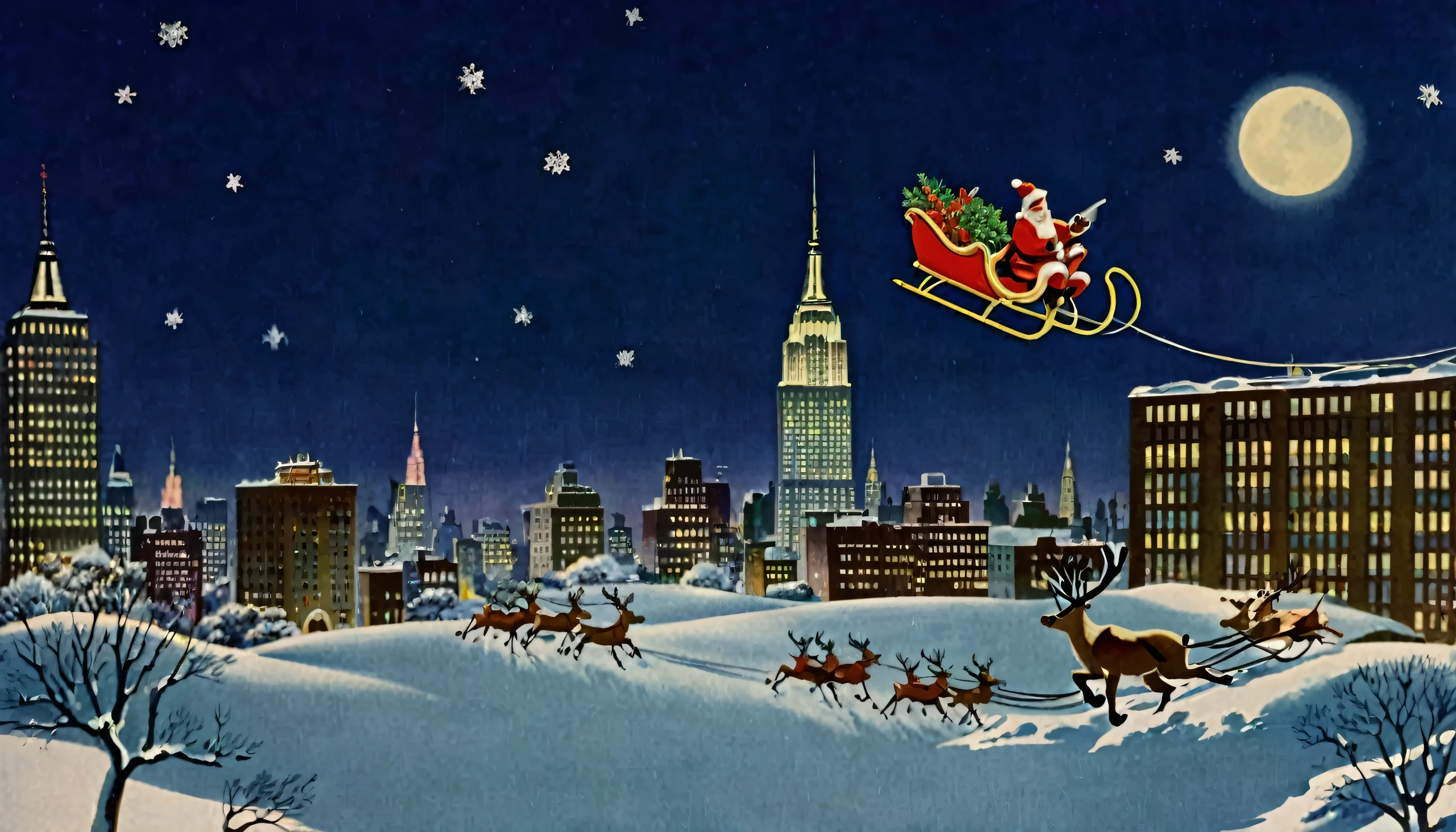 1950s,America,New York skyscraper ,midnight,Postcards,Outside is a snowy landscape, Santa is flying through the air on a sleigh drawn by a reindeer、