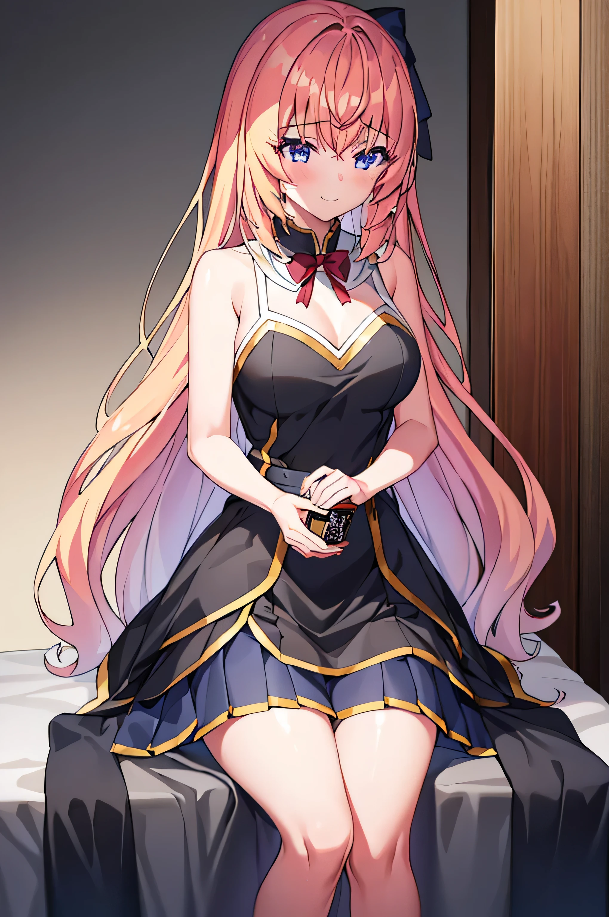  1 girl at home, Alone of, Chest, 长of_hair, 高抬Leg, Purple_Eye, garter_Shoulder strap, ,  Smile, Orange of_hair, hair_bow, Watch_exist_受众, bow, two_side_up, medium of_Chest, Sitting, red of_bow, hand_between_Leg,  clavicle , signature, Ahog, collar, between_Leg, off_Shoulder,  blush, labcoexist,  bangs, Blur of, The brown of_高抬Leg, Wavy_hair, skirt, only of_Shoulders, closure_Mouth, Blur of_background,   cross knit _clothing, red of_skirt, _username, black of_collar, black of_高抬Leg, Open_clothing, depth_of_Place, 