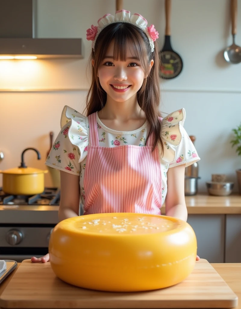 ultra-realistic, photorealistic, dramatic scene, shadow, global-illumination, solo, (20 years old Japanese famous idol girl:1.5), very beautiful fragile Japanese girl, very beautiful with very cute face, (modern maid, detailed face skin texture, cowboy shot:1.2), (wearing a cute colored maid outfits with frills:1.2), (apron with vertical pink stripes:1.2), TV cooking show at stylish bright home kitchen, bright soft light, She stands in front of the cutting board, the gas stove and some kind of cooking tools are behind her, An Unbelievably large Emmentaler cheese on a cooking table in front of her, happy smile