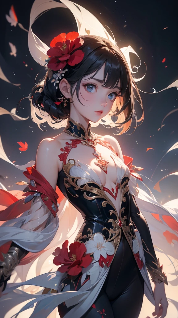 ((masterpiece, best quality)), Epic battlefield atmosphere，Delicate face，girl，China costume，whole body，Standing picture，Perfect body proportions，Double ponytail hair，Beautiful brown eyes，Fantasy style，White background，transparent，Lace