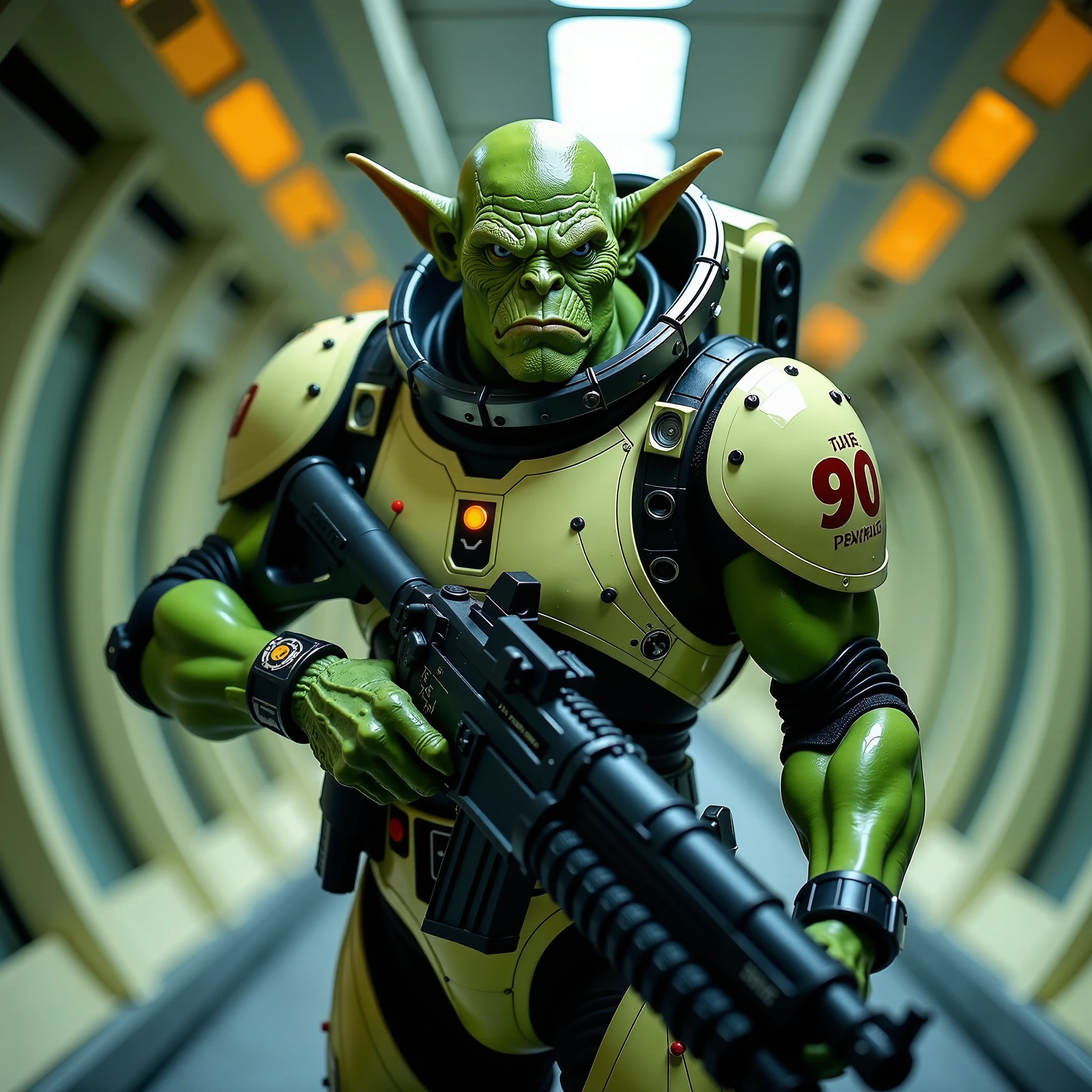 высокий Orc спецназа в тяжелых доспехах,  with a plasma gun on a space liner from the movie “The Fifth Element”, intricate masterpiece , portrait of an Orc, an Orc,  artistic portrait of a space paratrooper ,  stand character , Orc, monitoring, Orc готовит винтовку, space armor , alien space knight,