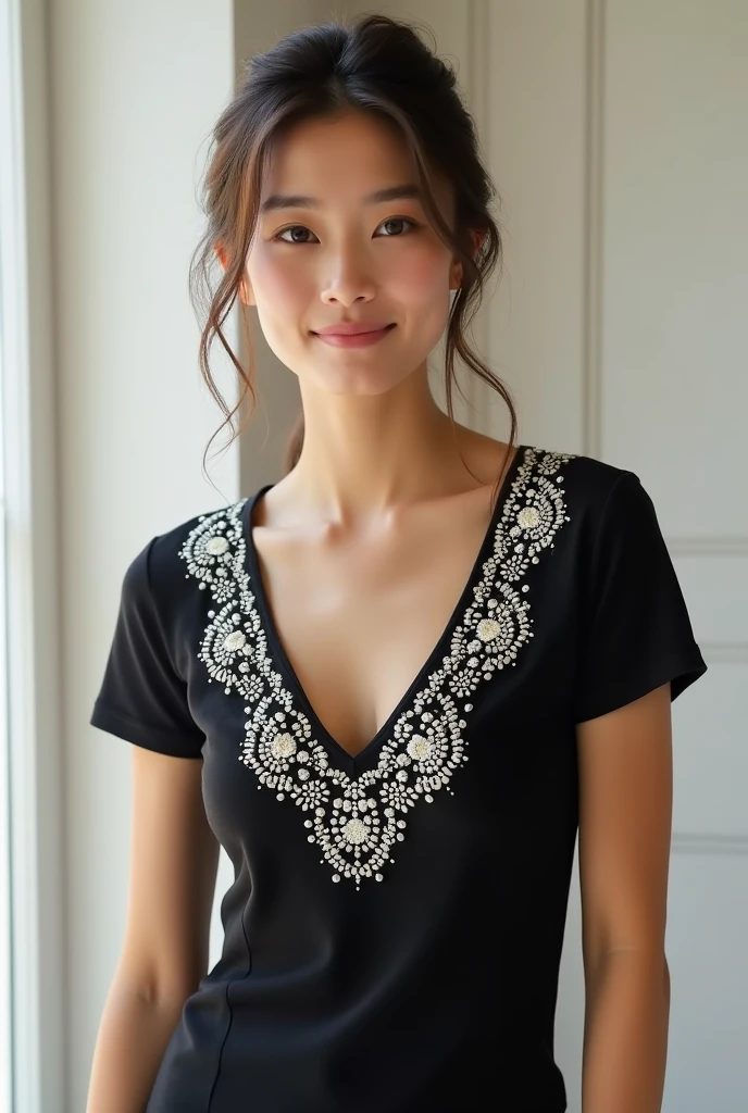 (realistic:1.3), insane detailed, quality, (masterpiece:1.2), (photorealistic:1.2), (best quality), (detailed skin:1.3), (intricate details), ray tracing, ((half body)), (((1girl))), (((1 person))), 20 years old, big breasts, hair tied, black hair, pink dress, (gradient background)