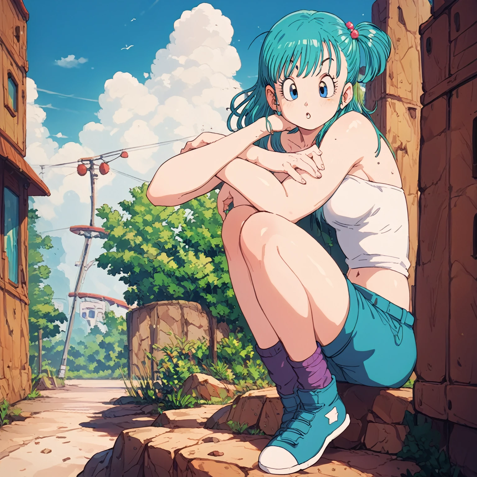 Bulma in a white bikini stands，With a puzzled expression, I watched Bulma in a white bikini standing on a cliff in the distance 