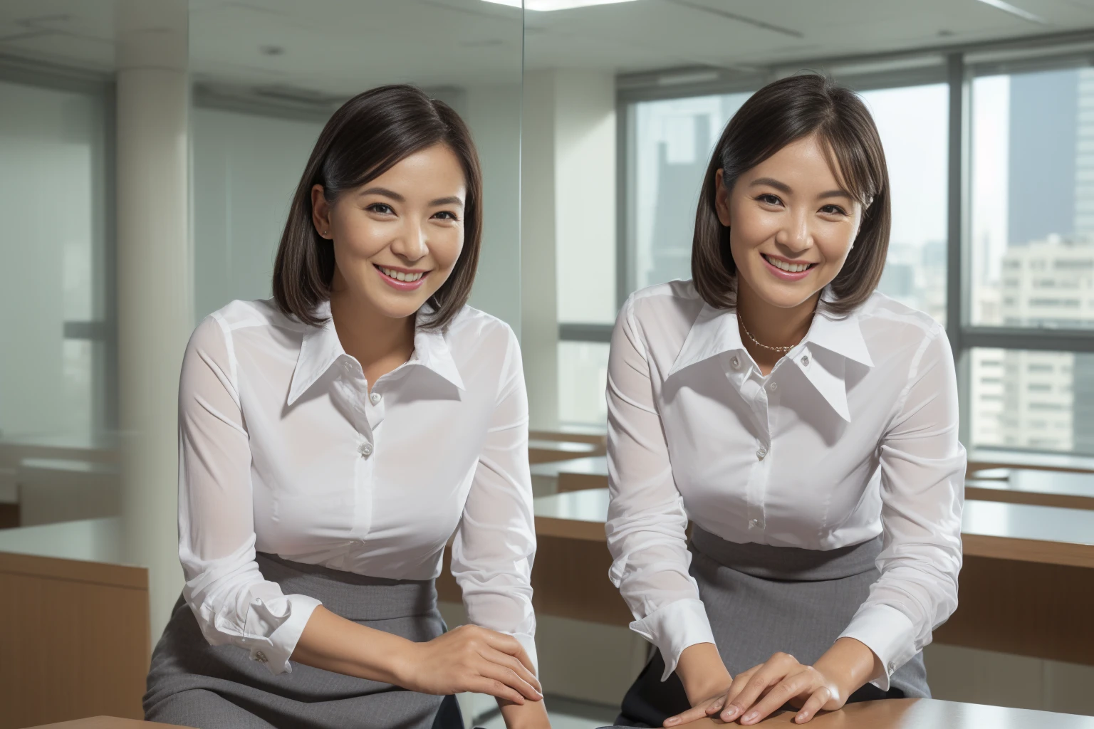 (( best quality, 8k, Masterpiecedetails,  ultra high resolution)), ( staring at the viewer ), ( full shot :),((  charming business 1 mature woman 1 person 1.3)), (( see-through white collar shirt 1 .3)), ((gray skirt 1 .3)), ( sitting cross-legged at office desk), smile, CEO Office ,