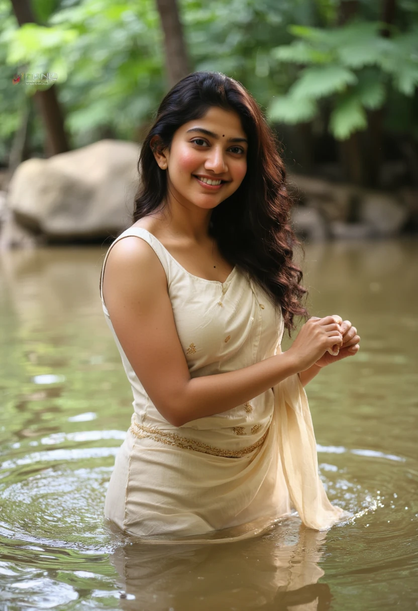 "Create an image of a woman standing gracefully in a shallow river, with the water reaching just below her waist. She wears a traditional saree draped in a contemporary, low-waist style, showcasing elegant folds and a shimmering fabric that catches the sunlight. Her long hair flows loosely, adding to the fluidity of the scene. The river’s clear water glistens, reflecting the soft light, and the surrounding greenery enhances the natural beauty of the moment. Her expression is confident and serene, with the tranquil atmosphere complemented by realistic water textures and soft, ambient lighting."