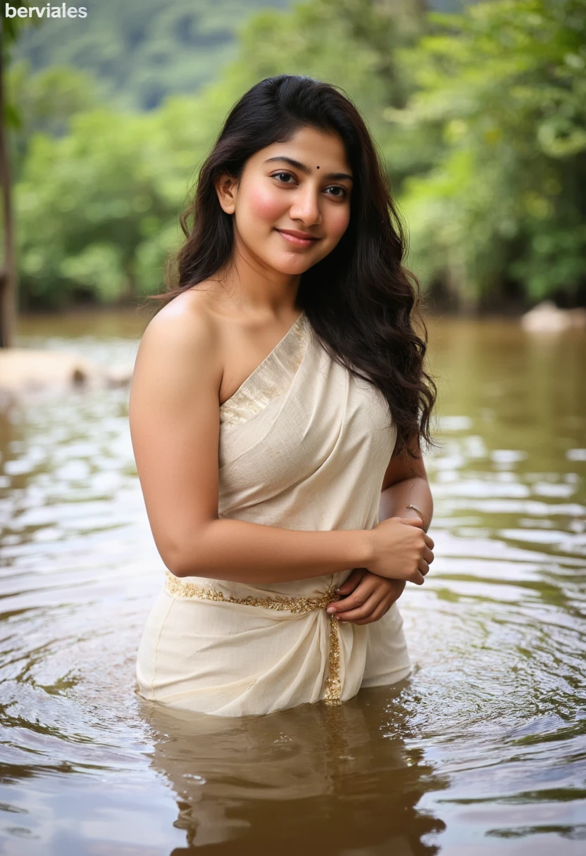 "Create an image of a woman standing gracefully in a shallow river, with the water reaching just below her waist. She wears a traditional saree draped in a contemporary, low-waist style, showcasing elegant folds and a shimmering fabric that catches the sunlight. Her long hair flows loosely, adding to the fluidity of the scene. The river’s clear water glistens, reflecting the soft light, and the surrounding greenery enhances the natural beauty of the moment. Her expression is confident and serene, with the tranquil atmosphere complemented by realistic water textures and soft, ambient lighting."