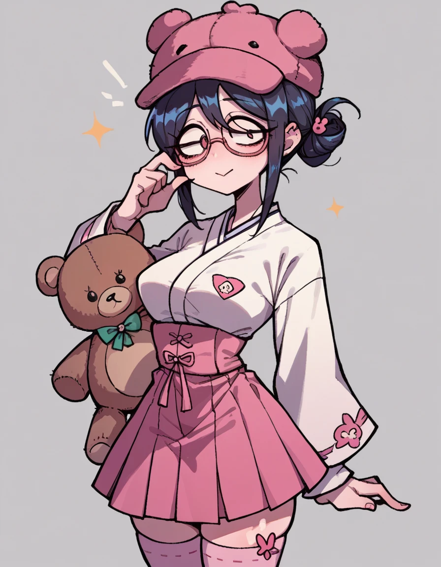 Cartoon style anime girl, flirty clothes, cute, kawaii stockings, Korean clothes, pink skirt, white luck, teddy bear hat, glasses, Korean, perfect anatomy, very detailed 