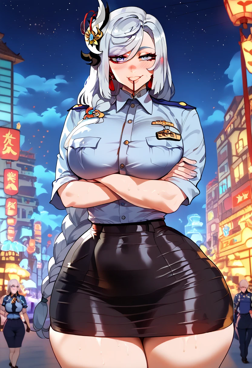 extremely detailed, Highest quality, highest image quality, HD, 2D,close up, beautiful anime style, night street background, nighttime, night sky, night atmosphere, night city background, neon light, bright skin,1girl,solo,super detailed skin,shiny skin,detailed eyes,eyelashes ,large breasts,beautifully shaped breasts, masterpiece,sharp focus, milf, character:shenhe (genshin_impact), shiny skin, white hair, blue eyes, shoulder length hair, side swept bangs, big breasts, very big breasts, huge breasts, huge breasts:2.7, large breasts,thick breasts, mature women,milf, bimbo body, thick thighs, thick butt, thick hips ,sweating, police girl, blue police uniform, black skirt, tight latex skirt, wide collar, short skirt, erotic atmosphere, close mouth, blushing, sexy curvy body , looking at viewer, seductive smile, front view, standing, crossed arms