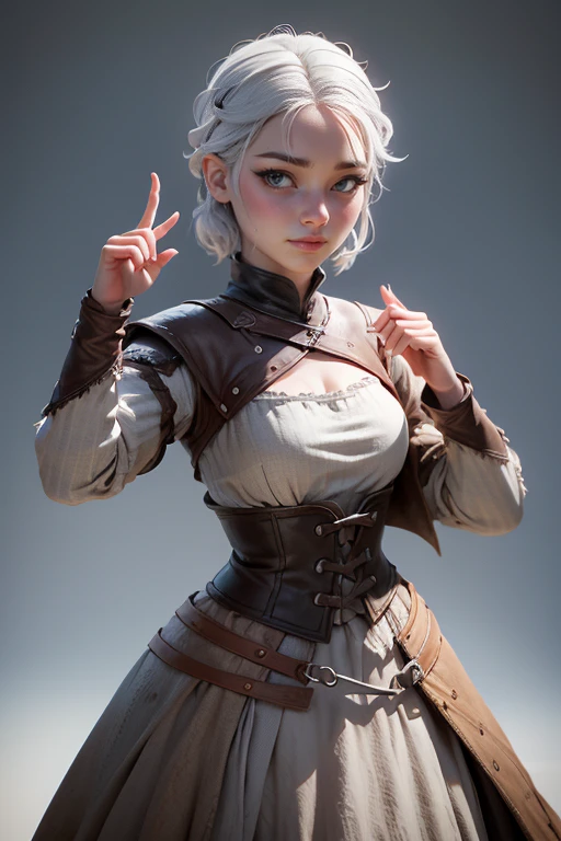 Young woman, campesina medieval "Game of Thrones ",  gray and brown shreds,  blue eyes , short white hair, dynamic position,  raised hands sign,  safe expression, Iluminación natural,  plain white background , without patterns, No textures.