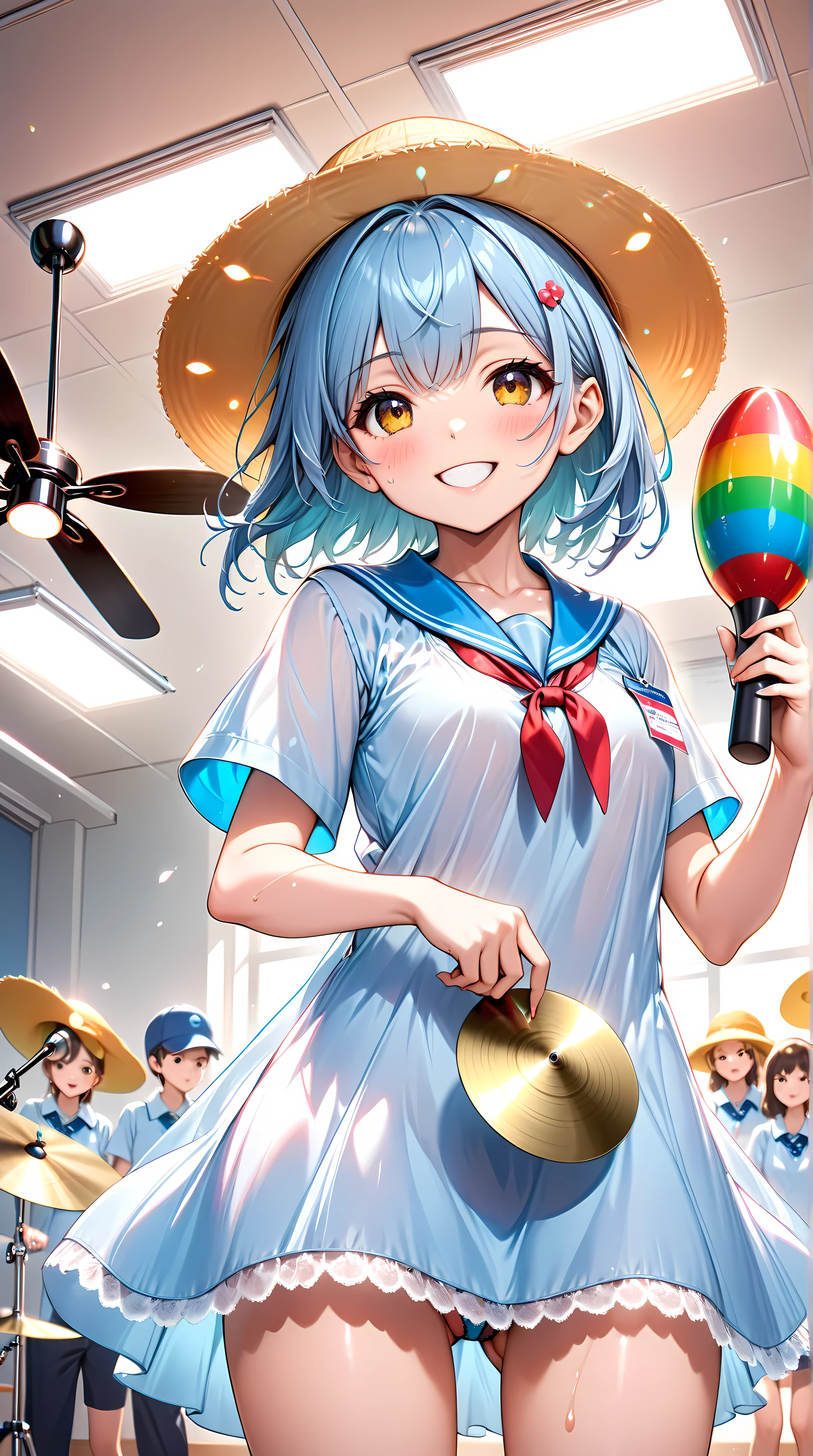  best quality、masterpiece、 Ultra Hi-Res 、solo、 one girl、 location： Primary School 、 low angle、Fluorescent lamp、 ceiling fan 、 Primary School のバッグ、 a beautiful teenage girl 、Hitting a cymbal 、 holding a maracas 、Play party、 yellow boonie hat on the head 👒、smile、The dimples are cute 、 wearing a light blue smock 、 panchira 、I can see the lingerie in the wind 、Red name tag📛、 show off her lingerie、 it is her trademark and policy to clearly draw wrinkles and blemishes on the crotch and 、Art is in the details