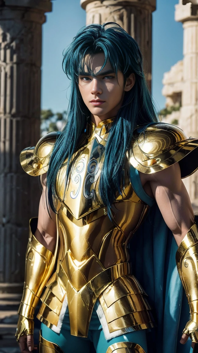 A man, male details, Degel Aquarius from Saint Seiya, masterpiece, best quality, highly detailed RAW color photo, sharp focus, 8k high definition, reading glasses, holding a blue ice energy, long blue hair, turtle neck, male wearing gold shiny armor, light turquoise blue hair, tight-fitting blue undergarment beneath armor, purple eyes, leg armor, shoulder armor, gold armor, reflection on armor, headset, gold headband, sparking armor, white skin-tight transparent vinyl, gentle smile, in an open and well-lit Coliseum with Greek pillars and garden with flowers, Aquarius Armor, standing straight, sacredness, landscape, bright, facial freckles (0.1), to8contrast style, posing in a bright Coliseum with Greek ice pillars, rim lighting (1.4), two-tone lighting with soft highlights, octane, unreal, well-lit, aura of wisdom.