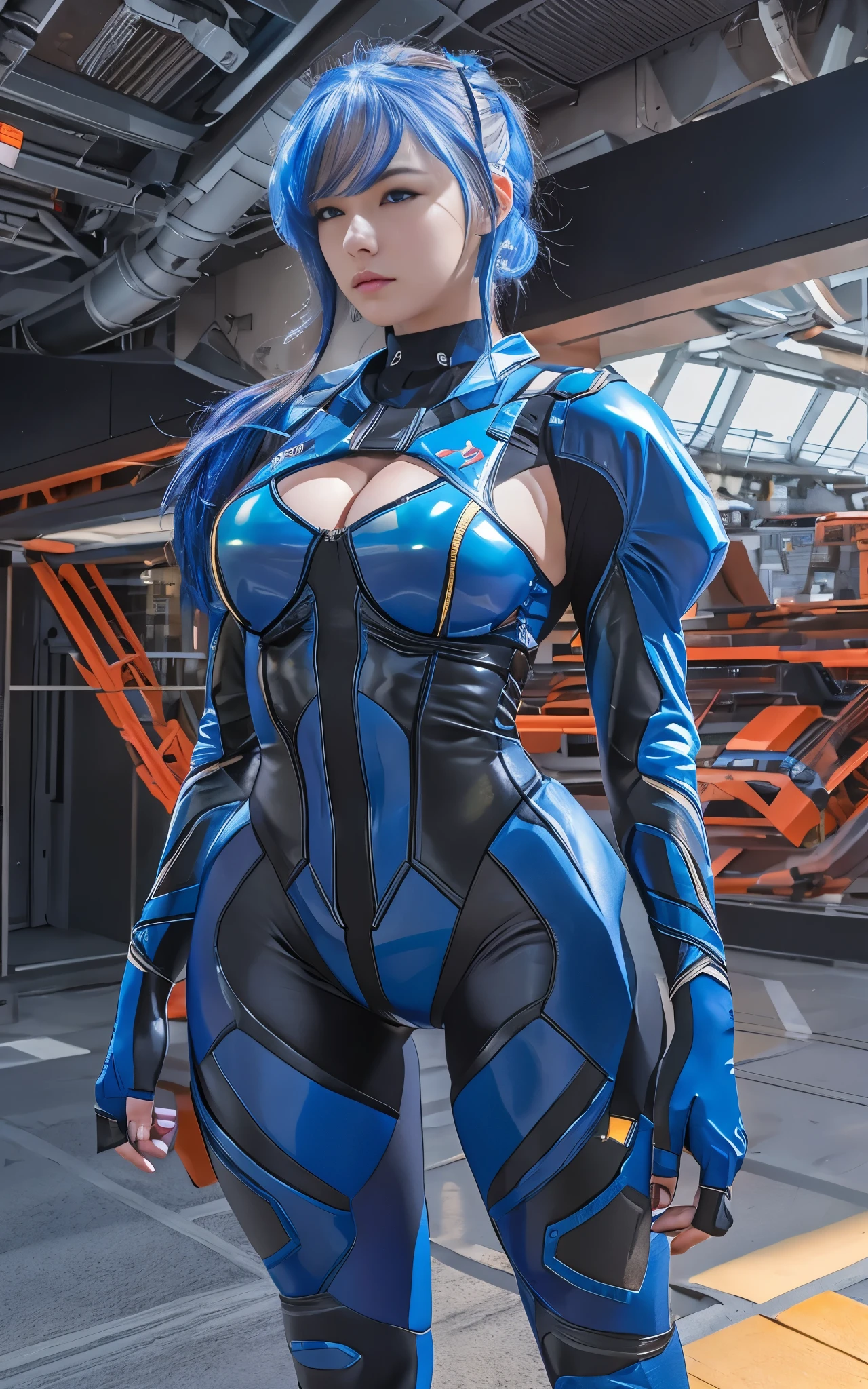 ((Best Quality)), ((masutepiece)), (Detailed: 1.4), (Absurd), Caucasian female fighter pilot ready for war, front walking, muscular sculptural body defined, Closed mouth, muscular body covered by technological clothing, Neon Genesis Evangelion Suit, Cyberpunk, generous neckline, ((perfect large breasts)), (blue eyes without pupils), long manga-style eyelashes, close to real, Crazy face, Sexy Pose, Centered, scale to fit the dimensions, nffsw (High dynamic range),Ray tracing,Hyper-Resolution,Unreal 5,Subsurface Dispersion, PBR Texture, Post-processing, Anisotropy Filtering, depth of fields, Maximum clarity and sharpness, Multilayer textures, Surface Shading, accurate simulation of light and material interactions, Perfect proportions, thirds rule, top-quality, in 8K, ultra-detailliert, Being on the roof of a skyscraper, Smooth bodysuit, zero suit, Hyper Realistic