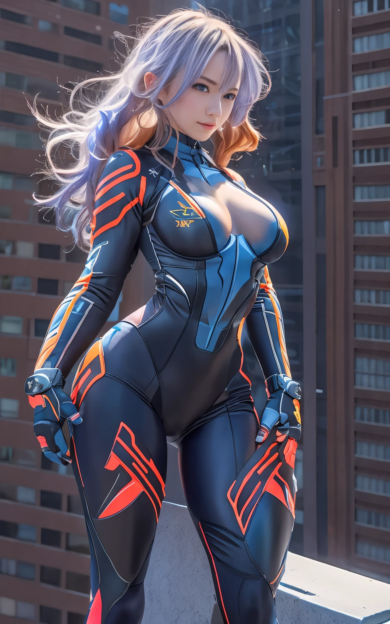 ((Best Quality)), ((masutepiece)), (Detailed: 1.4), (Absurd), Caucasian female fighter pilot ready for war, front walking, muscular sculptural body defined, Closed mouth, muscular body covered by technological clothing, Neon Genesis Evangelion Suit, Cyberpunk, generous neckline, ((perfect large breasts)), (blue eyes without pupils), long manga-style eyelashes, close to real, Crazy face, Sexy Pose, Centered, scale to fit the dimensions, nffsw (High dynamic range),Ray tracing,Hyper-Resolution,Unreal 5,Subsurface Dispersion, PBR Texture, Post-processing, Anisotropy Filtering, depth of fields, Maximum clarity and sharpness, Multilayer textures, Surface Shading, accurate simulation of light and material interactions, Perfect proportions, thirds rule, top-quality, in 8K, ultra-detailliert, Being on the roof of a skyscraper, Smooth bodysuit, zero suit, Hyper Realistic