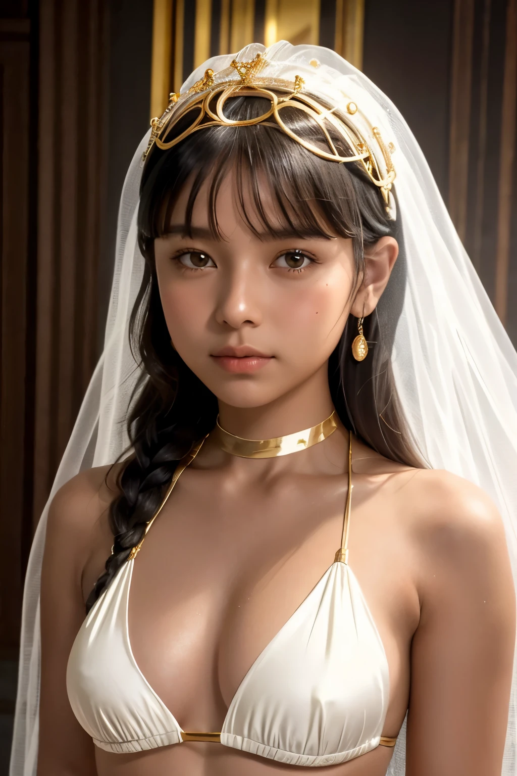 best quality, masterpiece, young latin girl, tanned skin, (silhouette lighting:1.1), (upper body:1.5), braids hair with bangs, small breast, hourglass figure, oily skin, (white silk micro bikini with gold accents:1.2), ((tiara, face veil), hands down, at church