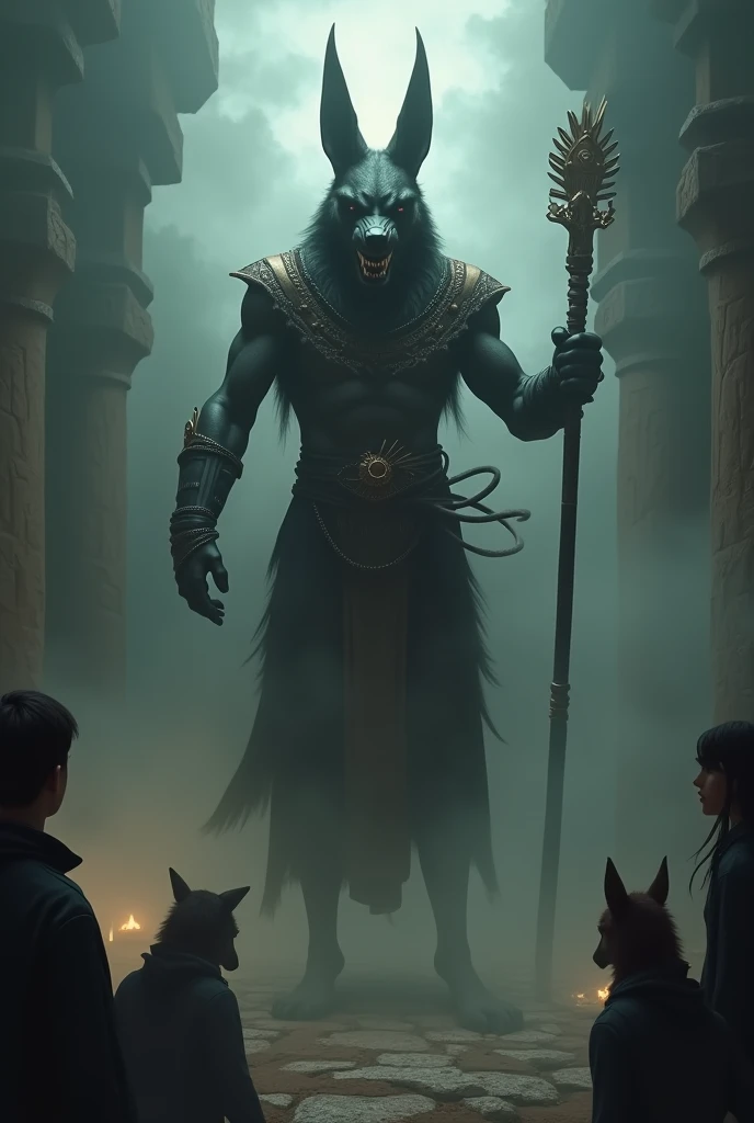 Anubis with , looking fierce teeth showing , her scepter in her hand and a powerful whip around her waist standing in front of those who see her coming out of the dark dense fog