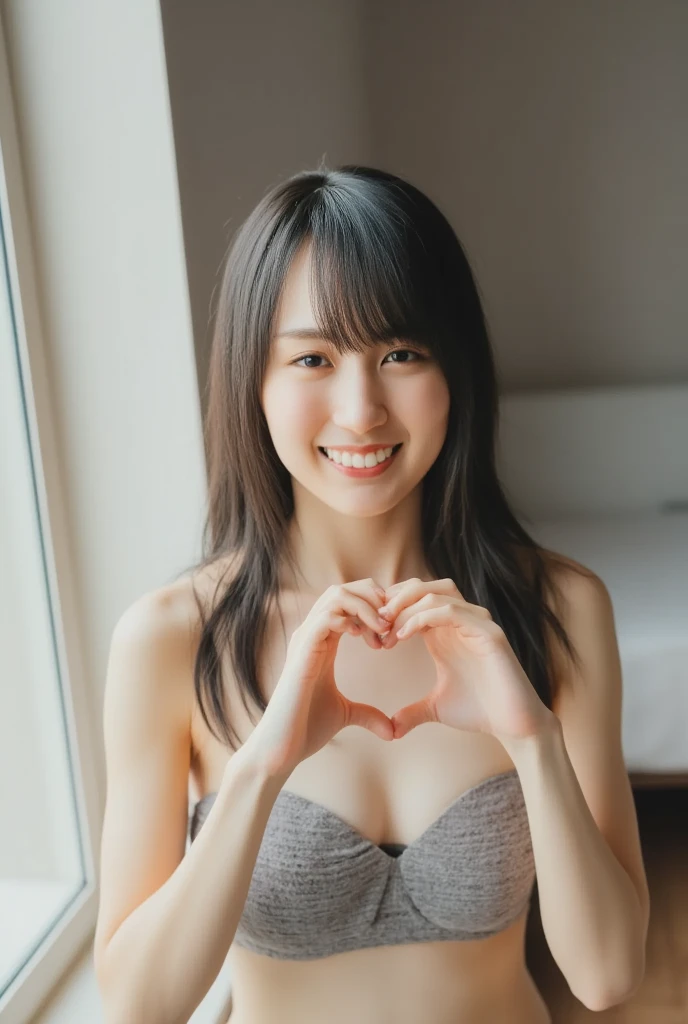 She is in a pose wearing a sexy bikini swimsuit, making a firm big heart shape with both hands and holding it in front of her chest, smile

