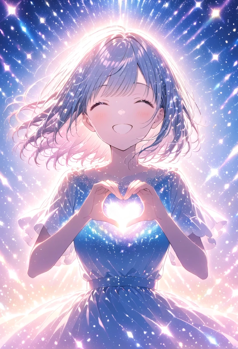 ((Ultra Glitter ))、pastel、Glowing Picture  , One Woman ,front, see here,Heart Pose,Glitter Effect,Particles of light, see here,smile,happiness, a scene from the movie , Best Moments Seen from afar 