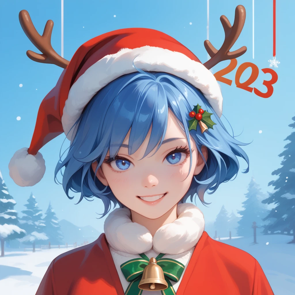 1 girl,  looks at the viewer ,  Smile ,  Short hair,  blue eyes,  Hair ornament, tape,  blue hair, in profile, masterpiece,  best quality , Accuracy, New Year, christmas hat .