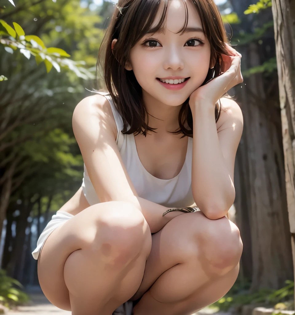  best quality、8k、  without makeup、masterpiece、  super high definition 、Clear Photo、   Professional Lighting 、 natural light、( cute girl 、   pretty girl 、 Cute Yoda Yuki、The cutest in the world)、baby face、  small face 、  small breasts、Ultra slim、  thin waist、(Thin legs)、Slender body、 very short hair  :1.6、 review:1.8、Beautiful Hair、Thin legs、smile、In the forest、tree々  Surrounded  、(   wear a white tank top  )、(landscapeでSquat:1.6、、landscape、Squat、 side shot )、( no underwear:1.6、 Naked lower body )、(  face the camera and take a picture of )、(urination)