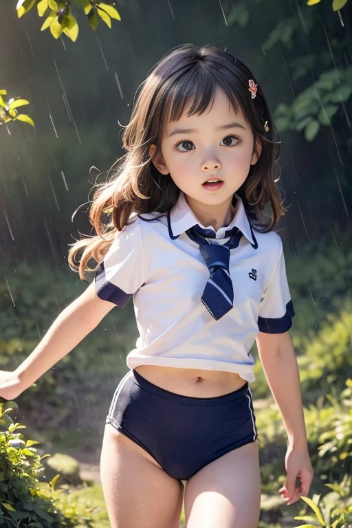 (masterpiece, Highest quality),  (夜のdark森), One Girl, young teen, Black gymnastics bloomers, High leg、School Shirt,　Jewel-like eyes、whole body、Blonde Long Hair、(Black gymnastics bloomers)+(White collared blouse)、Cowboy Shot、solo、Umbilical cord、Bare Belly, Thigh height 　 standing in night forest, Anxious expression, Emotional, Wide-angle, dark, Best Shadow, watercolor,Rain,rainy day