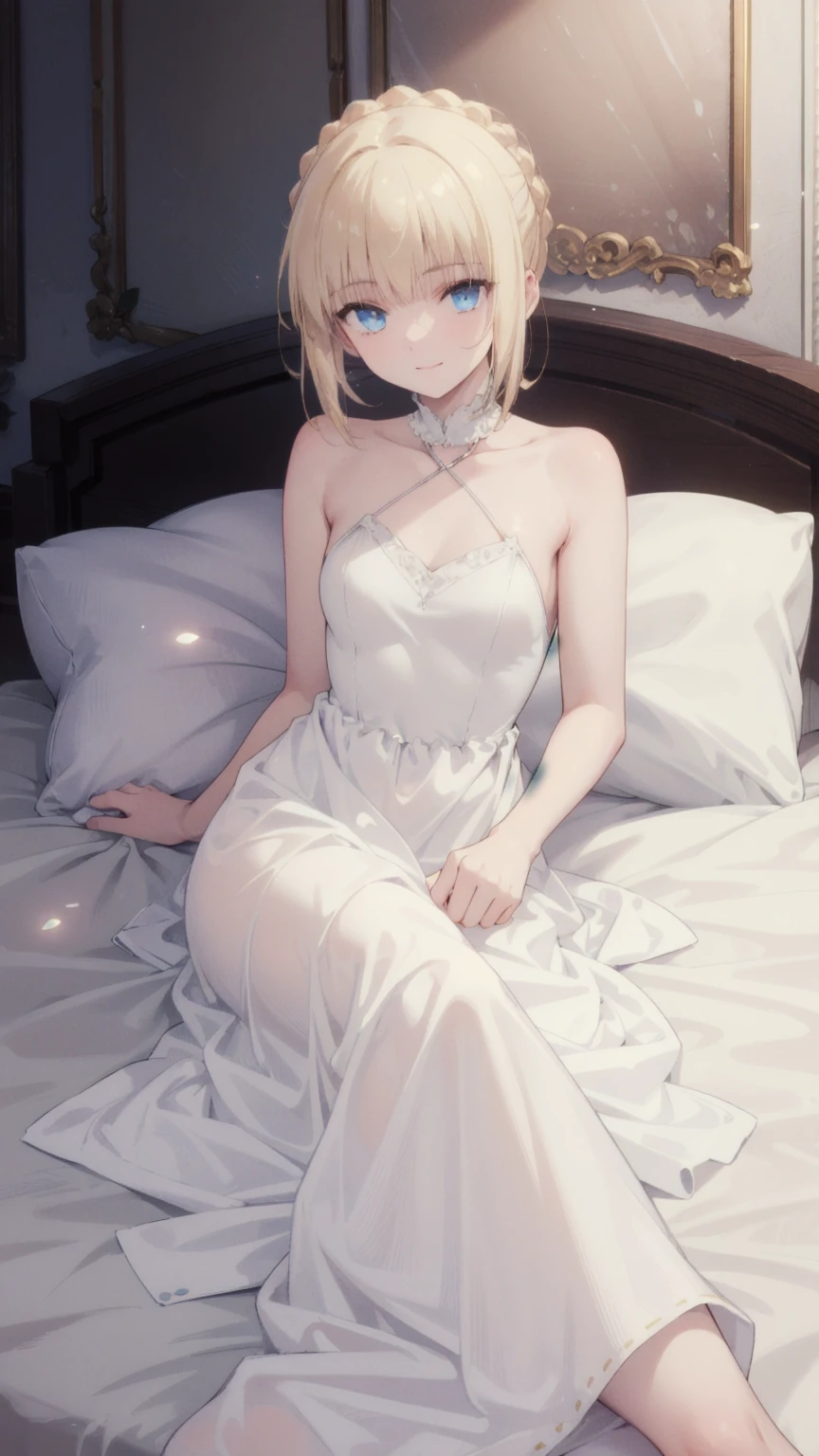 Tanya von degurechaff, armpit, White dress, see-through, (( bedroom, sitting position, sleeping position, flushed face, sticking out tongue, masterpiece, best quality, high quality, detailed quality, 4k resolution))