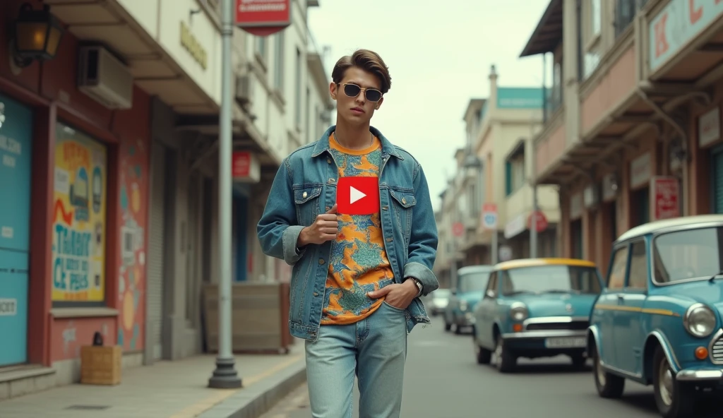 "A man from the 1960s wearing light denim bell-bottoms with faded details and well-defined creases, characteristic of the retro casual fashion of the time. He is wearing a T-shirt printed with vibrant colors and geometric patterns, over an oversized denim jacket with slightly rolled-up sleeves. His hair is in a typical 1960s style, such as a slightly disheveled cut or a discreet quiff.
He is standing with a relaxed and confident posture, holding something in one hand, such as a Walkman or a pair of retro sunglasses. In the center of his , between his , the YouTube logo is integrated in a modern and stylized way, matching the design of the T-shirt and creating an interesting visual connection between retro and modern.
The background is a typical urban street of the 1960s, with graffitied walls, lampposts with posters pasted on them, and store windows displaying old electronics, such as tube televisions. There are compact cars parked, popular models of the decade. The color palette of the room uses pastel and gray tones, while the man's clothing stands out with bright tones.
The lighting is natural, a sunny afternoon with soft shadows, reinforcing the nostalgic and at the same time realistic atmosphere."
!
