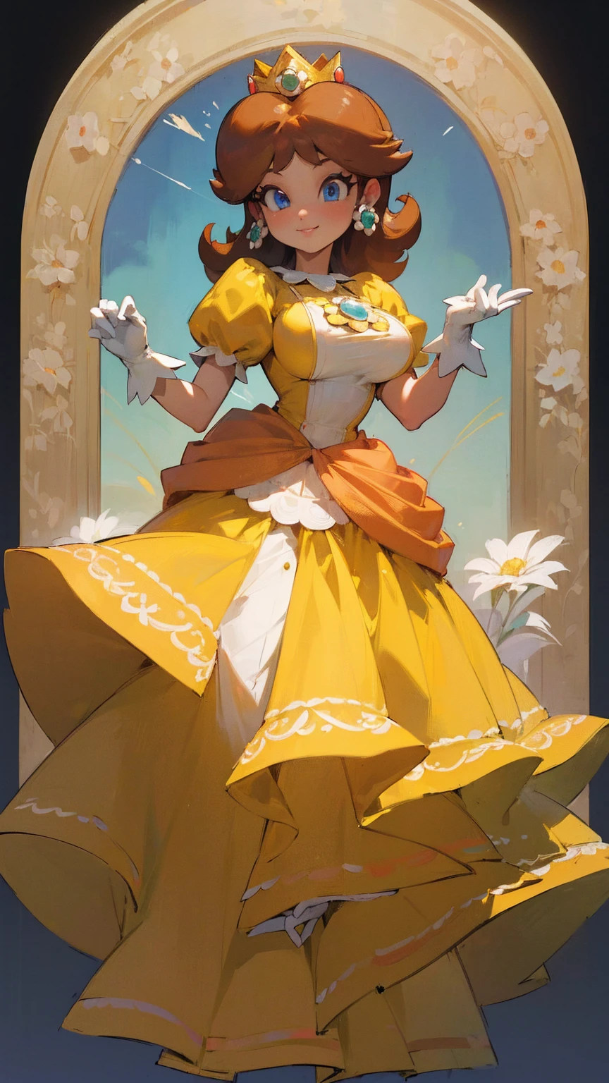 ((masterpiece,best quality,ultra-delicate,Perfect Face,detailed eyes,16k,high resolution,very beautiful girl)), princess daisy, yellow princess dress, white gloves, brown hair,large breasts,full body shot,smile,energetic,flower garden