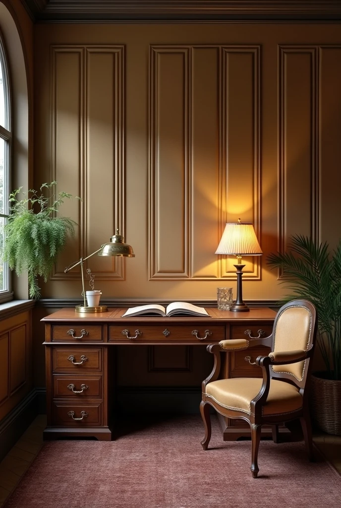 A vintage-style room with an upholstered wall with a desk and a lamp and a book on the desk, all the decor is vintage