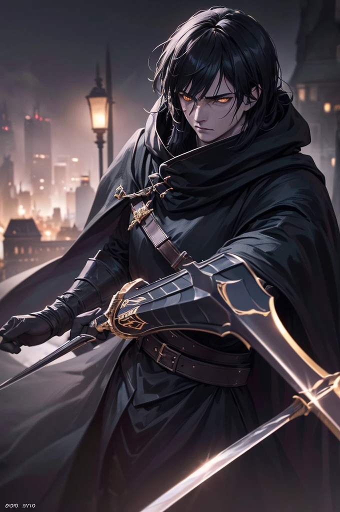 A man in a black cloak with golden eyes, detailed facial features,fighting a demon,city at night,sword,cinematic lighting,dramatic shadows,moody atmosphere,(best quality,8k,highres,masterpiece:1.2),ultra-detailed,(realistic,photorealistic,photo-realistic:1.37),dark fantasy,dramatic pose,volumetric lighting,cinematic composition