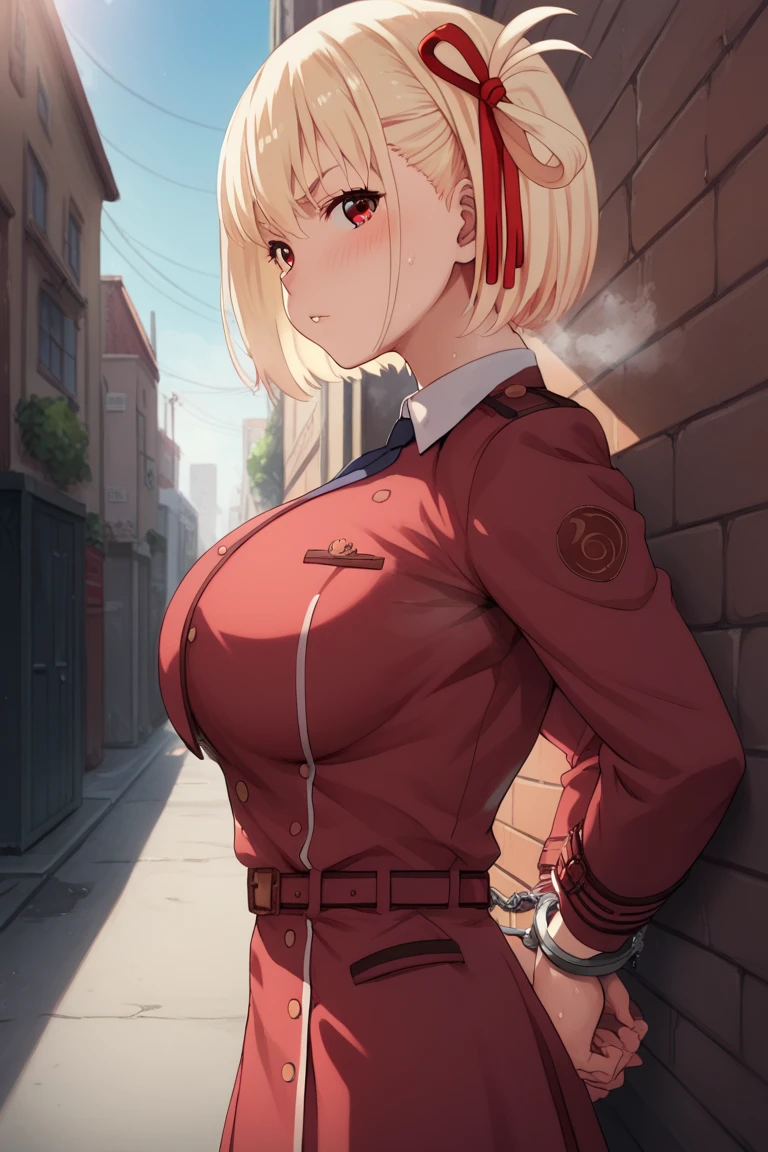 chisato nishikigi, short hair, bangs, blonde hair, red eyes, hair ribbon, one side up, bob cut, large breasts, (lycoris uniform:1.2), backs on wall, leaning back, bend back, blush, steam, sweat wet, arms up, restrained, handcuffs, leg cuffs, from front, looking at viewer, clear sky, alleyway, masterpiece, best quality, ultra-detailed, high resoolution, 8K, detailed background,