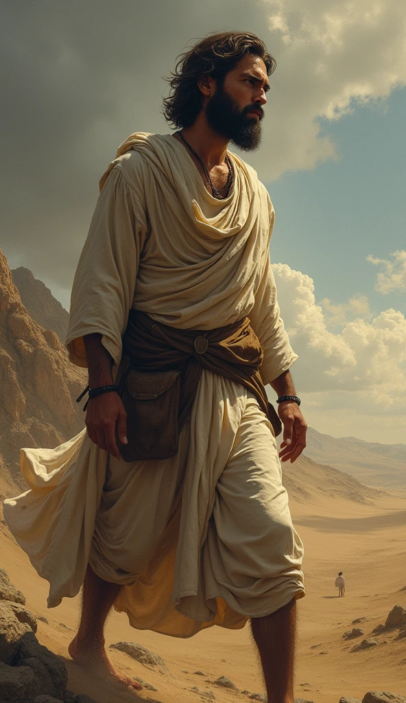 Illustration, baroque, Apocalypse, Impressionism, male character, inspired by Joshua from the Bible, thinking, going, Walking alone, looking forward , meditating. High resolution, Anatomically correct , Necessary, best quality , HD model, movie , super detail , Ultra HD, EXPRESSIONS, THOUGHTFUL, Perspective,