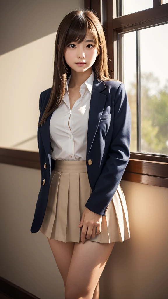 ulzzang-6500-v1.1, (Raw photo:1.2), (Photorealistic:1.4), Beautiful detailed girl, Very detailed eyes and face, Beautiful detailed eyes, Ridiculous, Incredibly ridiculous, Ultra detailed, High resolution, Very detailed, Best quality, Masterpiece, ((Japan girls' high school summer uniform)), Classroom in the classroom, by the window and outside the window is blue sky, unified, 8k wallpaper, fantastic, fine detail, masterpiece, top quality, highly detailed cg uniform 8k wallpaper,movie lighting, 14 year old girl, (dynamic pose))), (camel toe), (knee bending leg sitting))