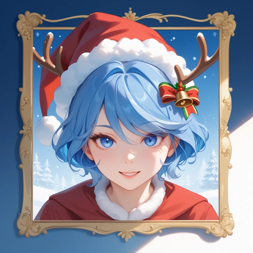 1 girl,  looks at the viewer  ,  Short hair,  blue eyes,  Hair ornament, tape,  blue hair, in profile, masterpiece,  best quality , Accuracy, New Year, christmas hat .Высокое разрешение, Закрытый рот, 