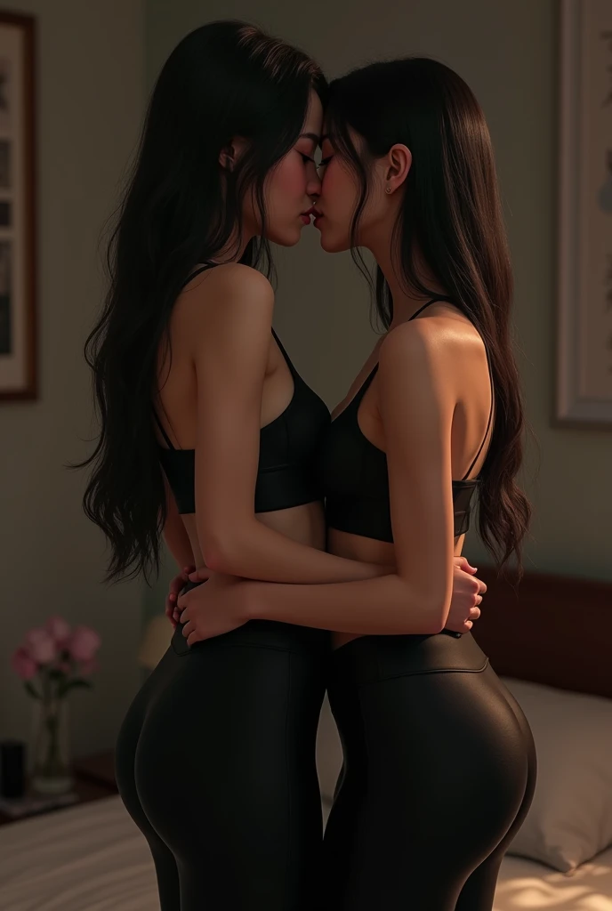 Two women, both in bed.they are sleepping. The first woman is on top. She is wearing a black t-shirt and loose gray sweatpants. Her black hair is tied up. The second woman is below. The second woman is wearing a black bra and black underwear. Two women are kissing. The first woman held both wrists of the second woman and pinned them above her head.