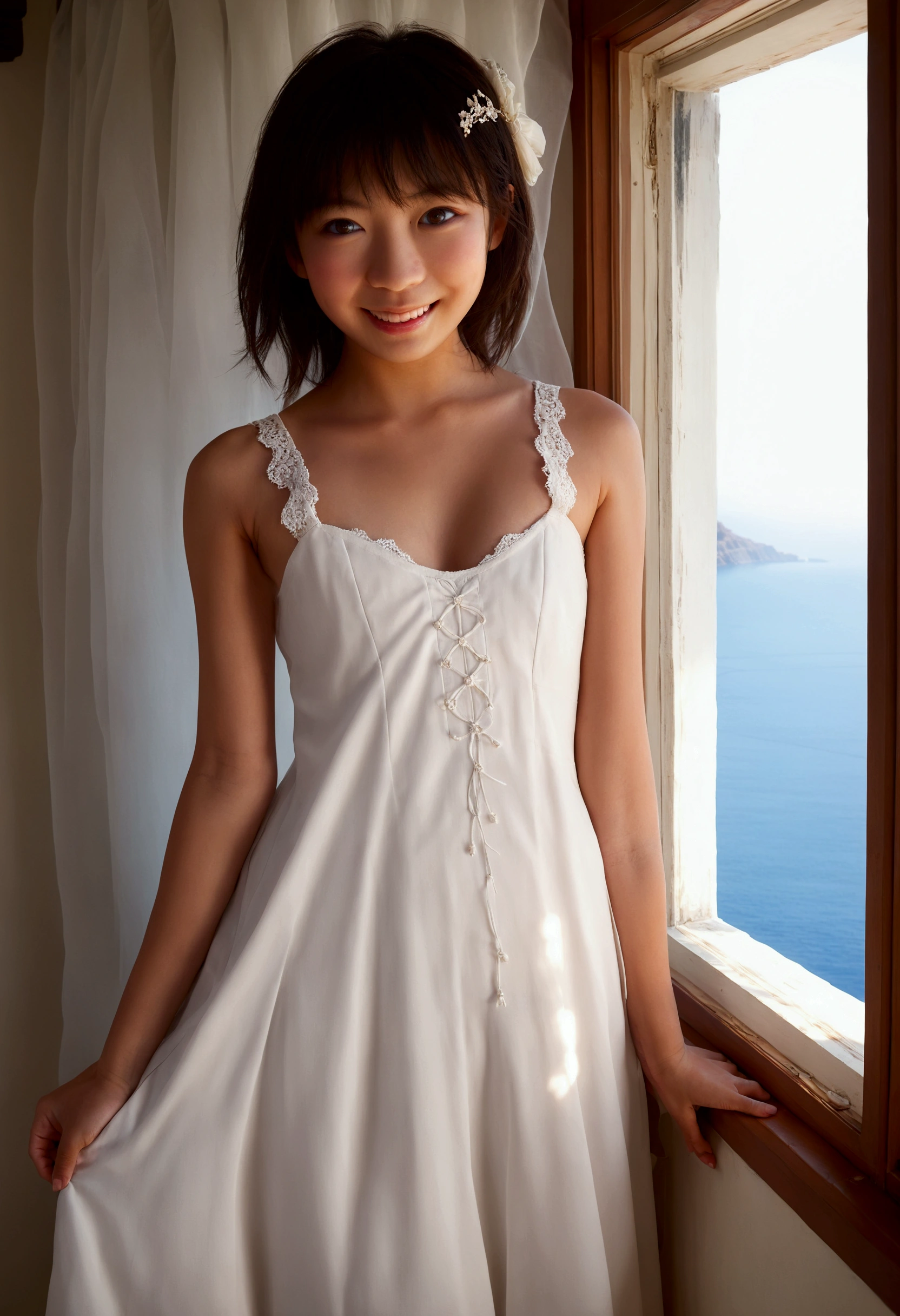 Ultra wide angle, ultra sharp, portrait of cute japanese girl with grin, Wearing white gothic dress, small breasts, Standing on a sunny window, in santorini, ayu,