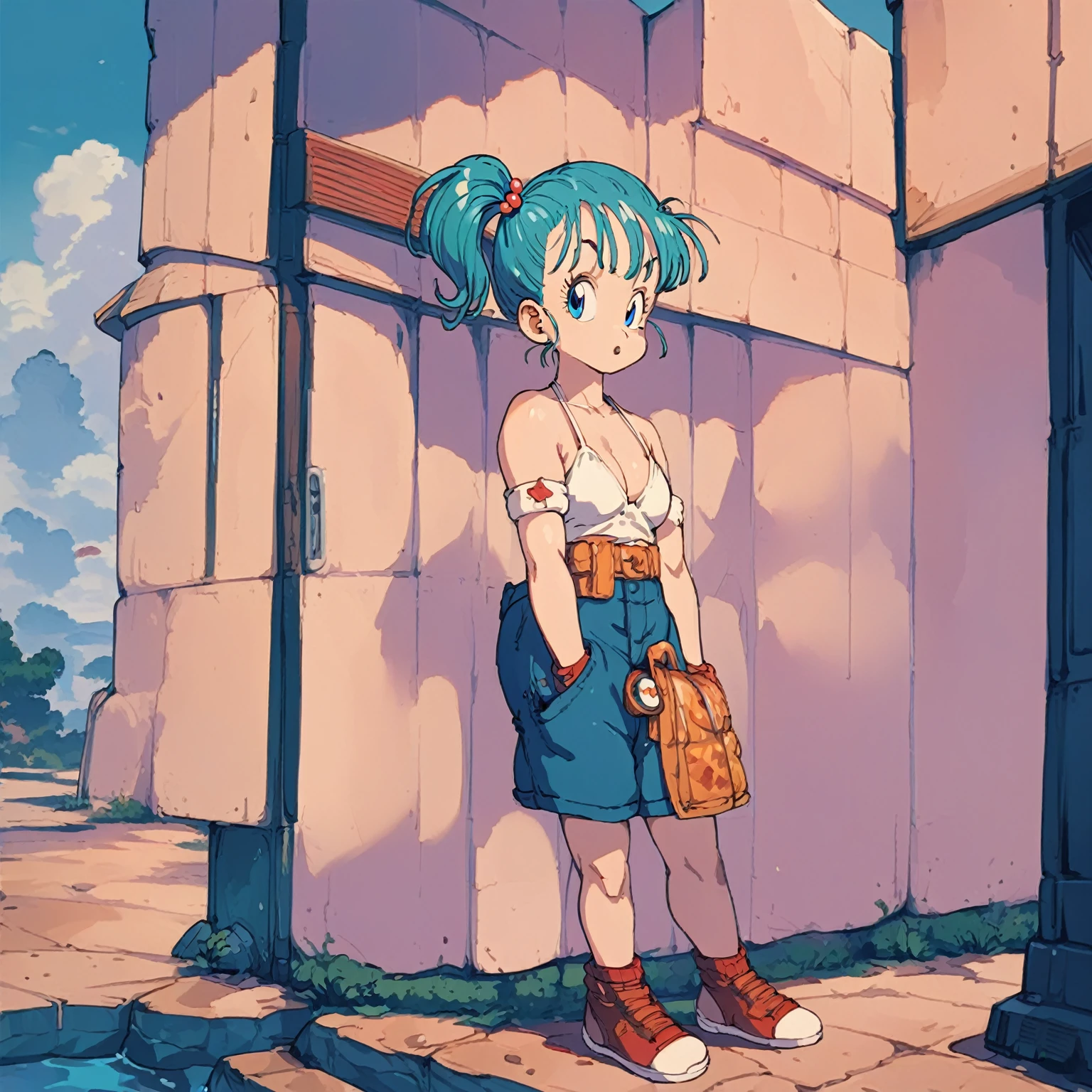 Bulma in a white bikini stands，With a puzzled expression, I watched Bulma in a white bikini standing on a cliff in the distance 