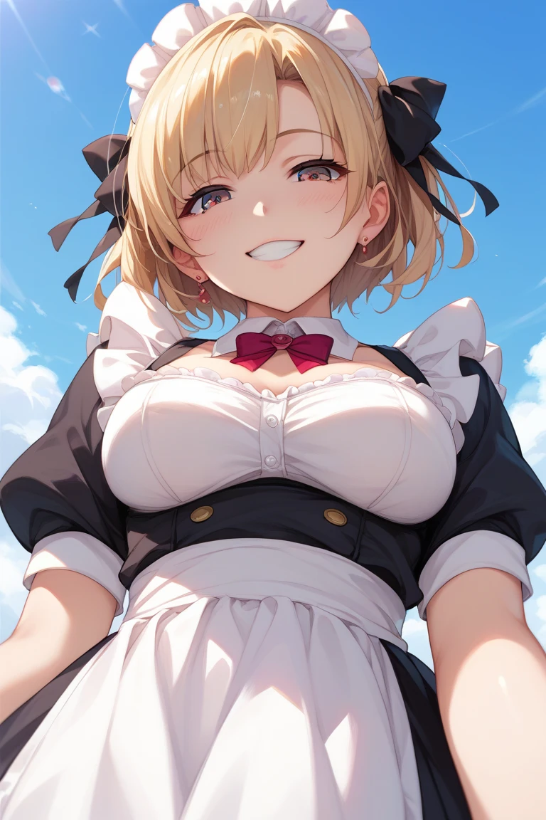 A woman, of the highest quality, masterpiece, ultra high definition, beautiful breasts, neckline, cheered up, visible front, Super beautiful, high school girl, beautiful breasts, Well-formed breasts, Upper part of the body, maid clothes, , long blonde hair, gal, smile, Yuigahama Yui, open the mouth, 