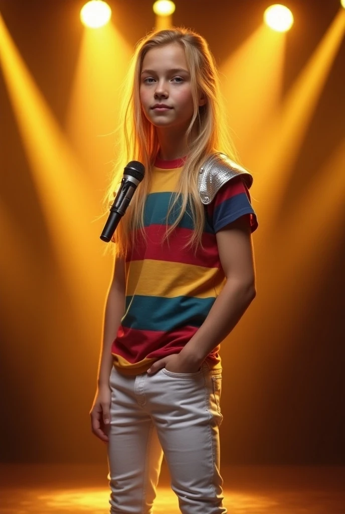 Blonde 11 year old girl with long straight hair wearing high heels at a concert